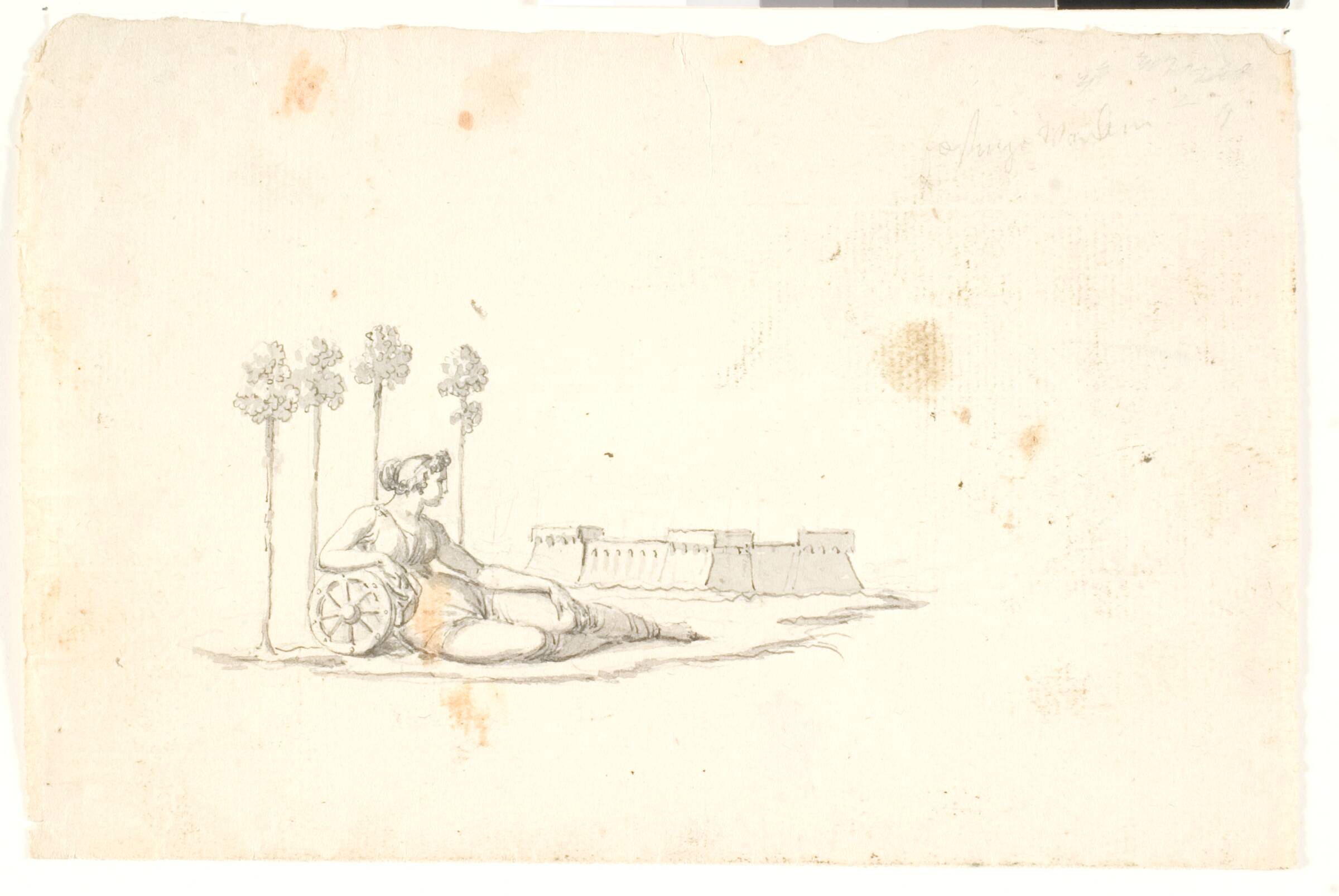 Liggende kvinde i klassisk dragt med et hjul. I baggrunden en fæstninglignende bygning, Gerhard Ludvig Lahde, 1765-1833