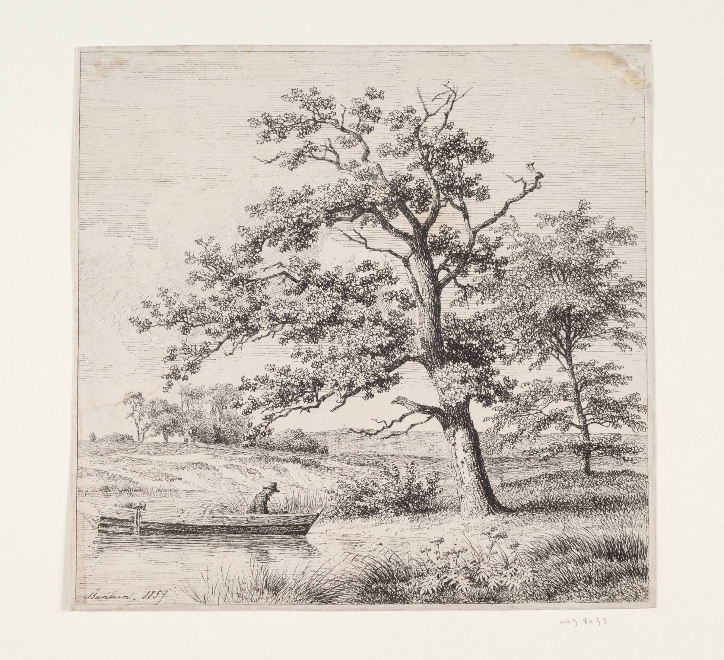 Egetræer ved en sø, Heinrich Buntzen, 1859
