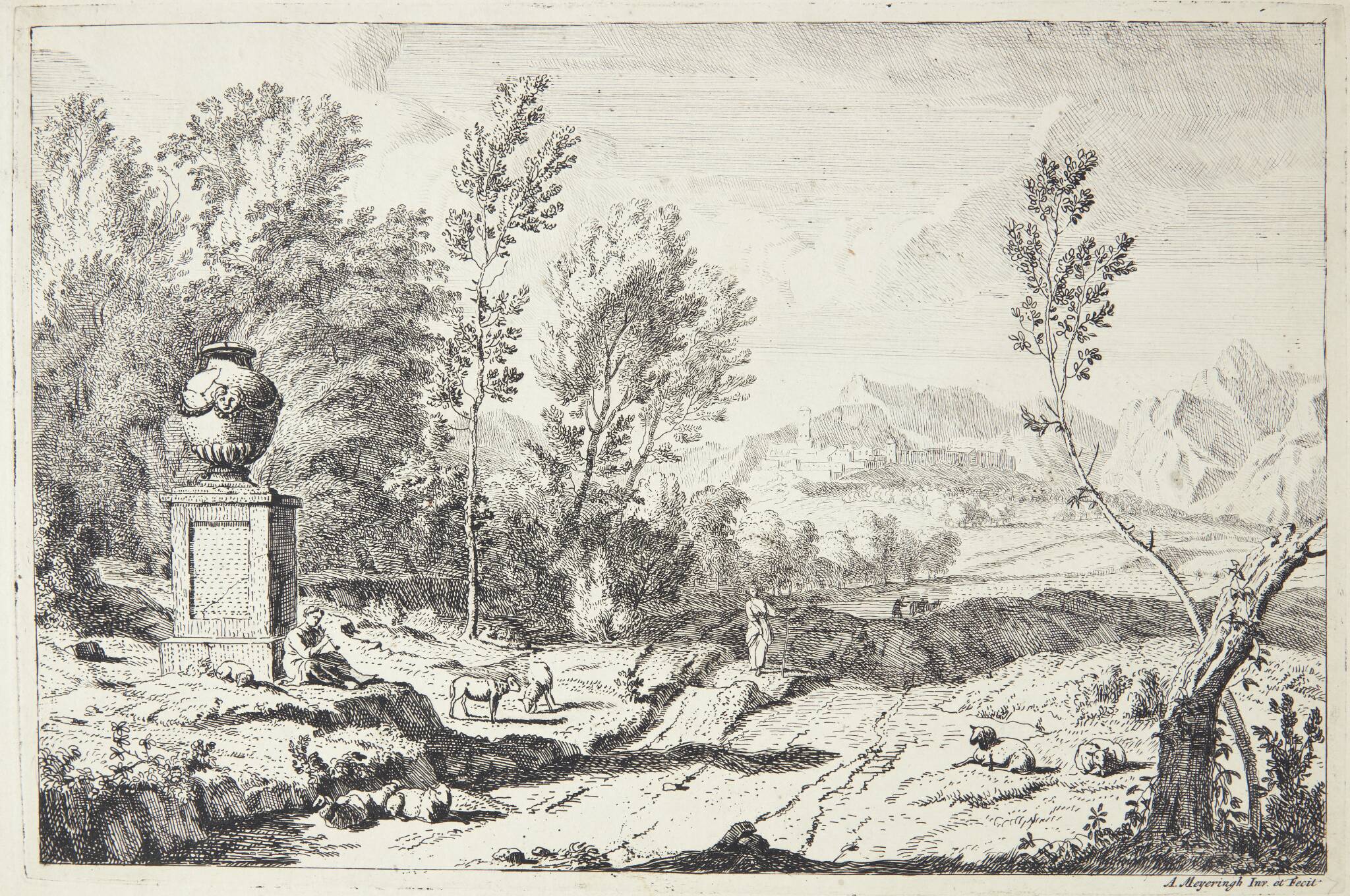 Fløjtespillende hyrde ved et monument