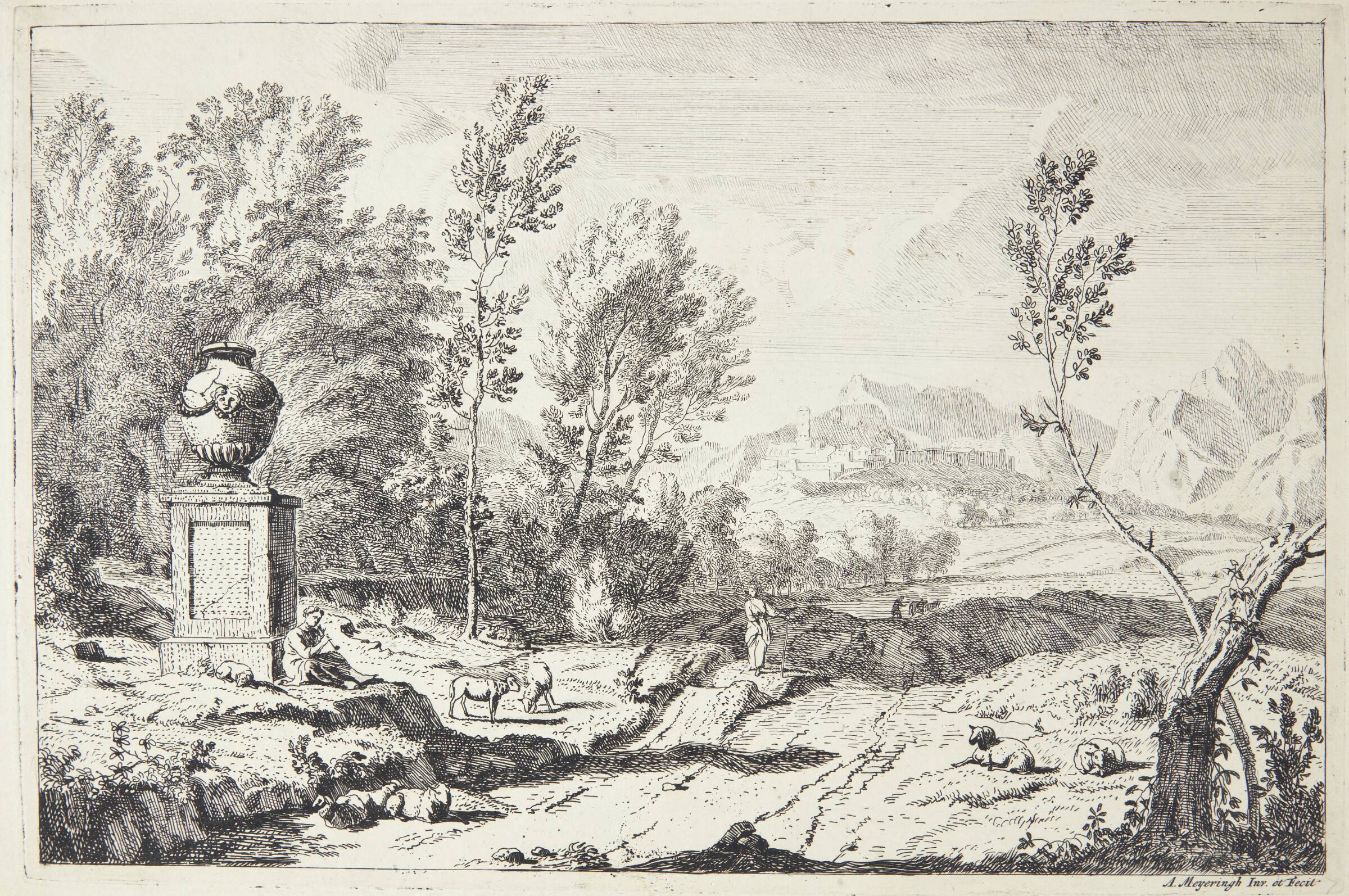 Fløjtespillende hyrde ved et monument, Albert Meyering, 1645-1714