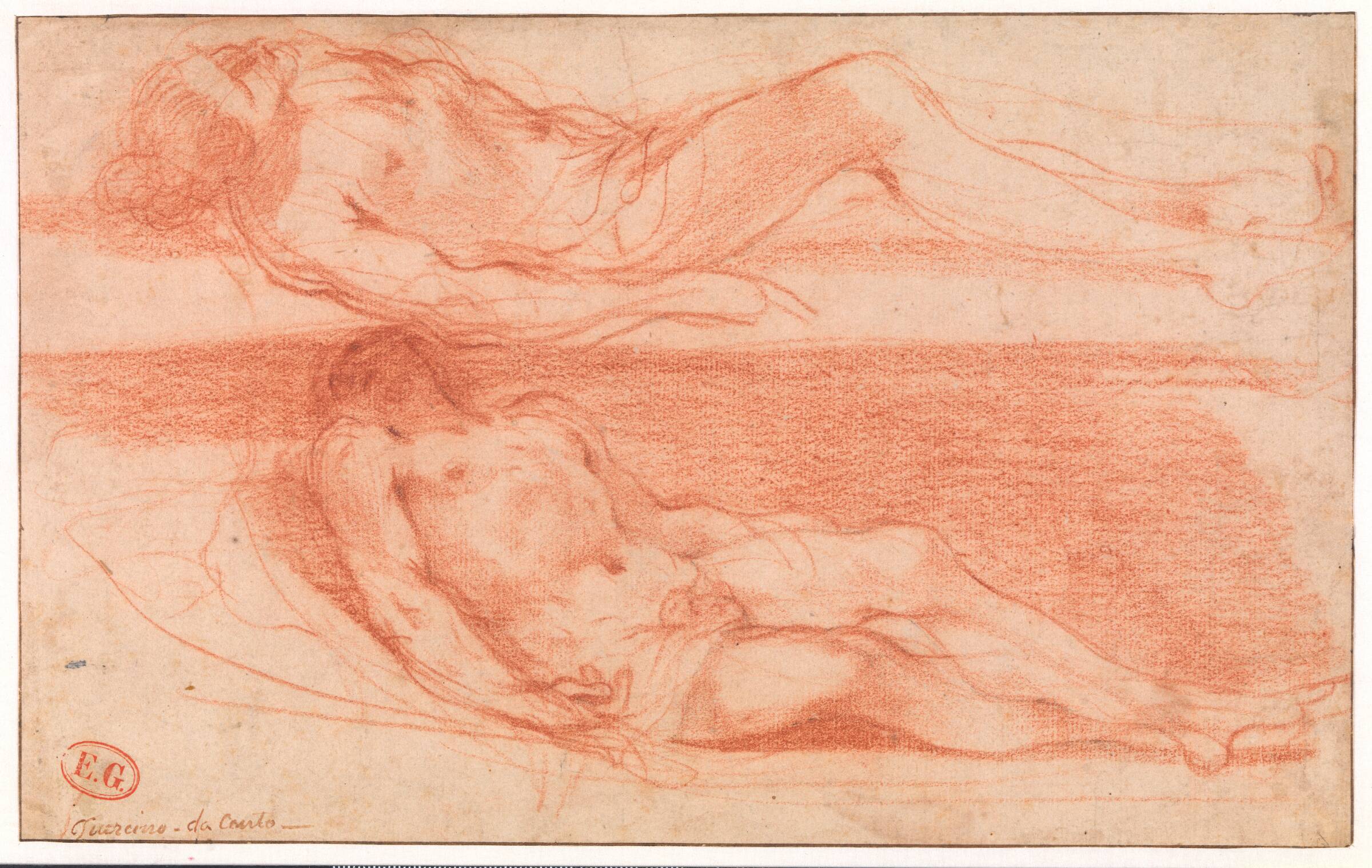 To studier af en liggende, nøgen mandsfigur. Kristus, Guercino, 1617-1618