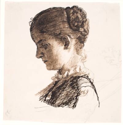 Kunstnerens søster Elisabeth. Profil t.v. Fletningefrisure
