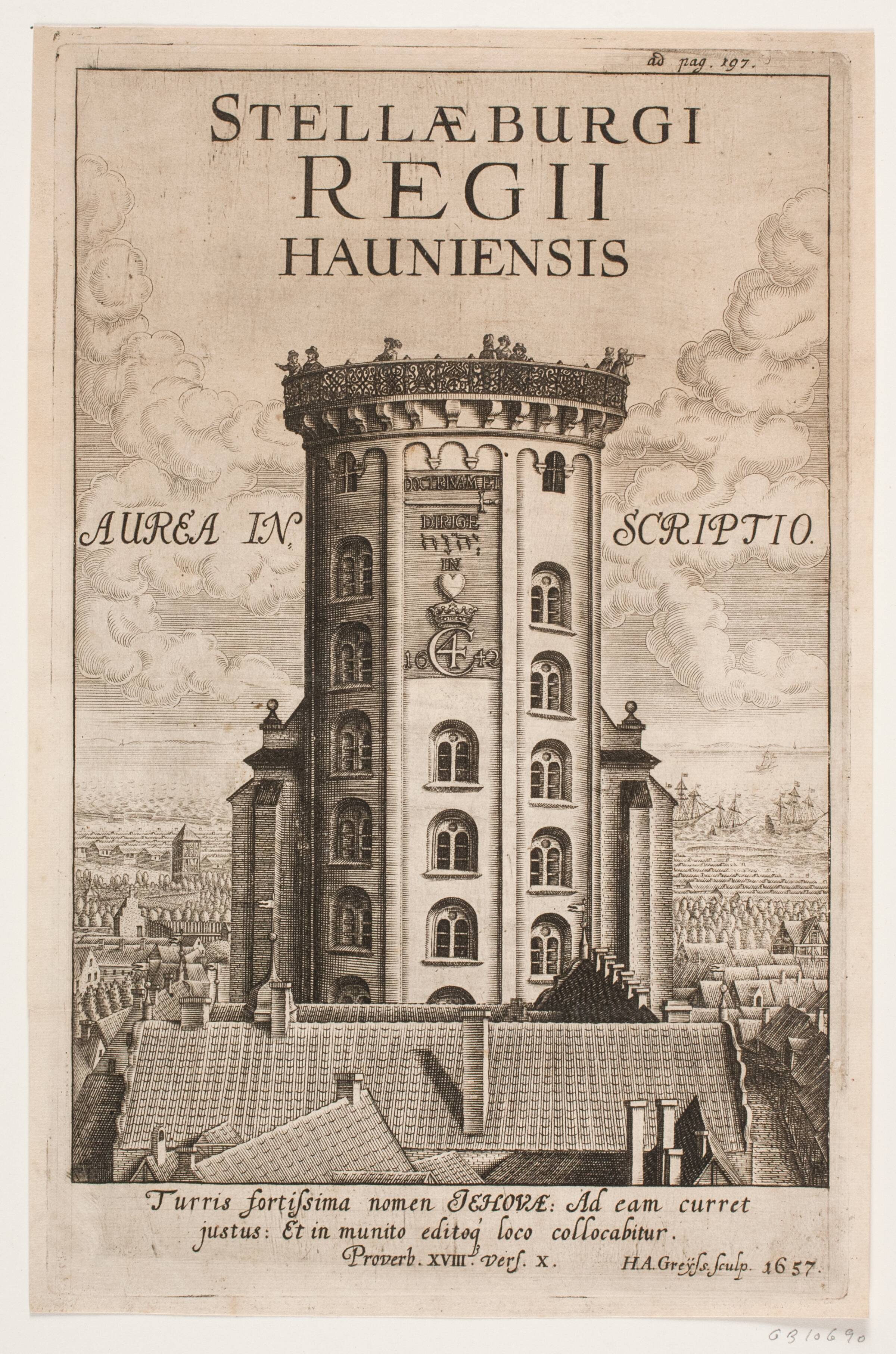 Rundetårn i København. Illustration til Thomas Bang, "Phosphorus inscriptionis Hierosymbolicæ paræneticus & ...", 1657, Hans Andreas Greys, 1646-1647