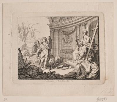 Vignet. T.v. en engel, t.h. siddende figur med kors