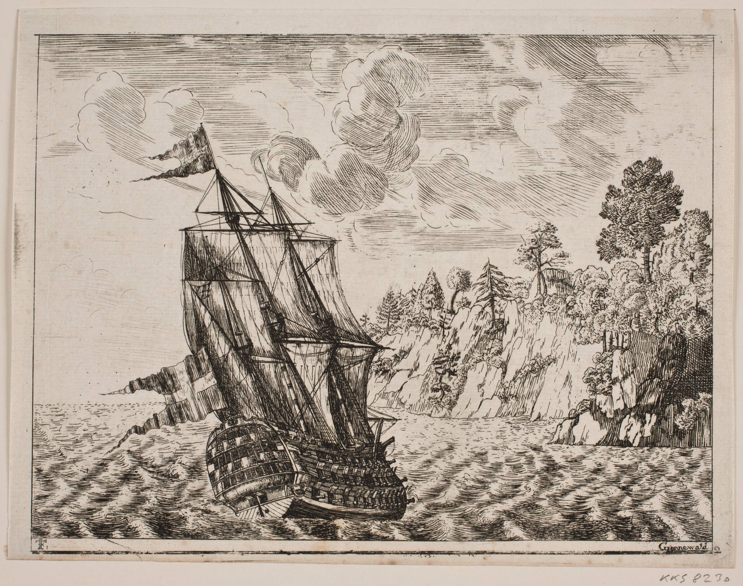 Dansk orlogsskib ved klippekyst, Poul Isac Grønvold, 1743