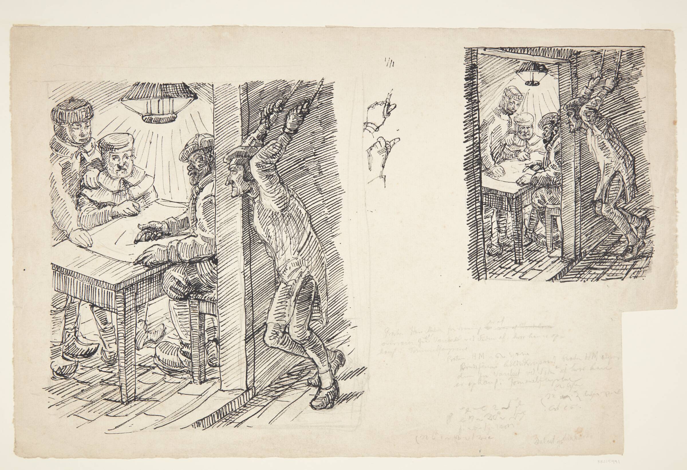 To udkast til præsten Hans Madsen, der ophængt ved tommelfingrene lytter til Fjendens rådslagning, Peter Hansen, 1916-1925
