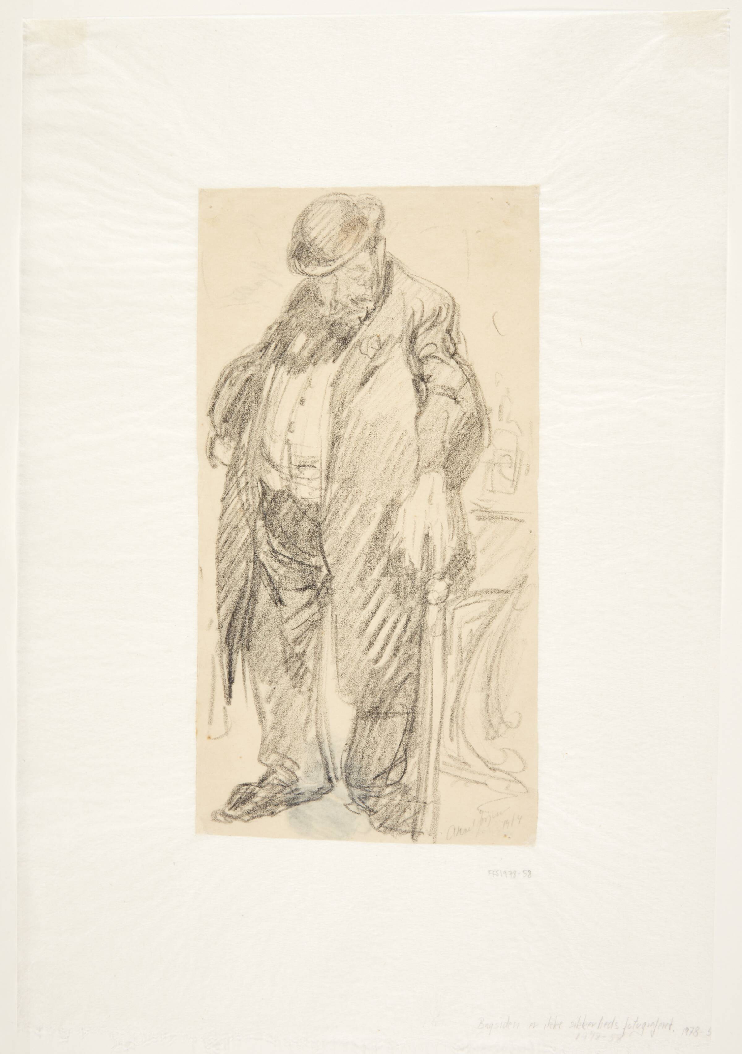 En fuld mand der støtter sig til en sengestolpe, Aksel Jørgensen, 1914
