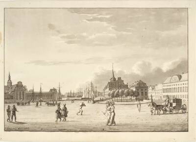 Slotspladsen i København med Holmens kirke, Børsen, den nu forsvundne bank og kancellibygning ("Den røde bygning")