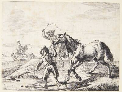 En dreng leder en hest til vandet