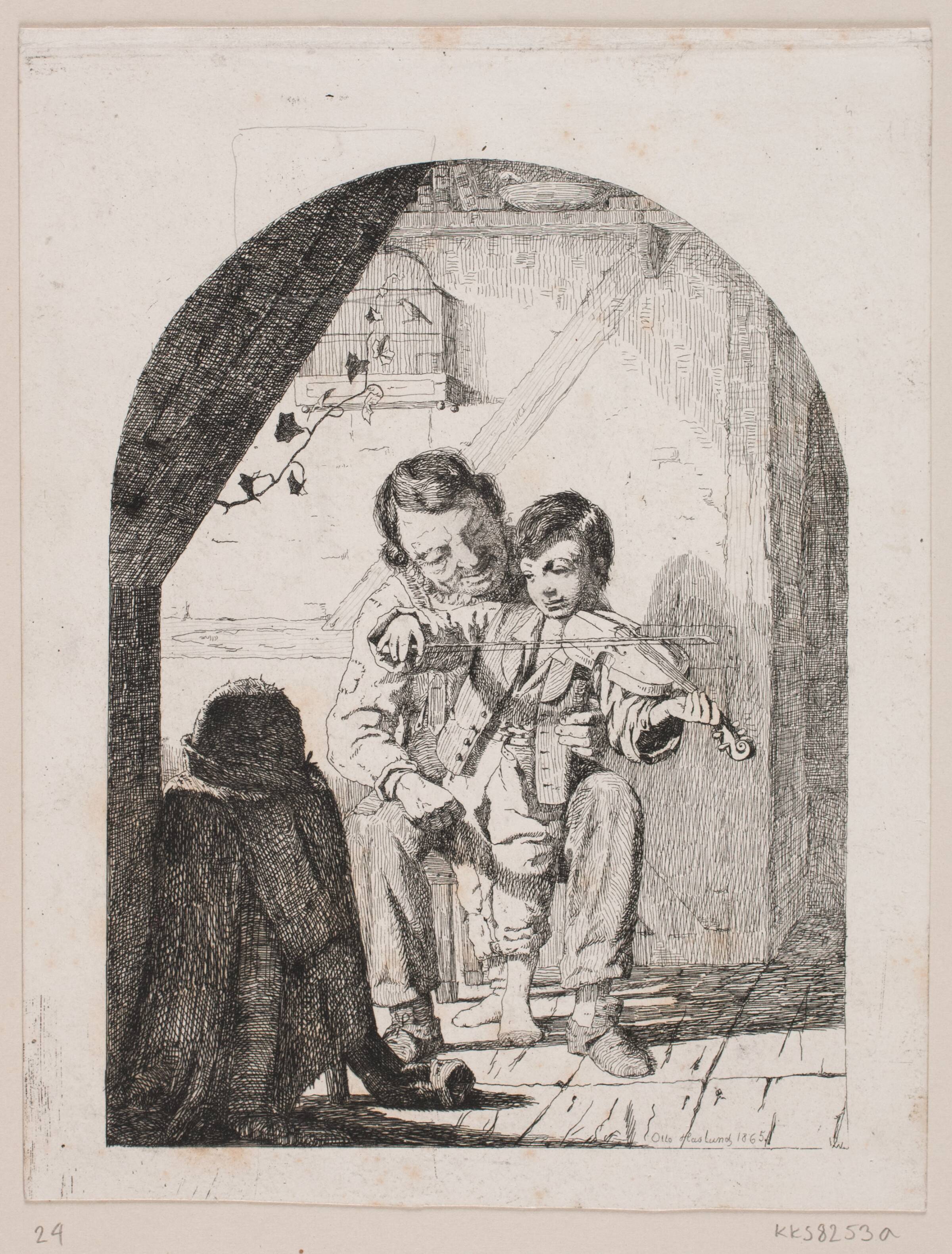 Drengen lærer at spille violin, Otto Haslund, 1865