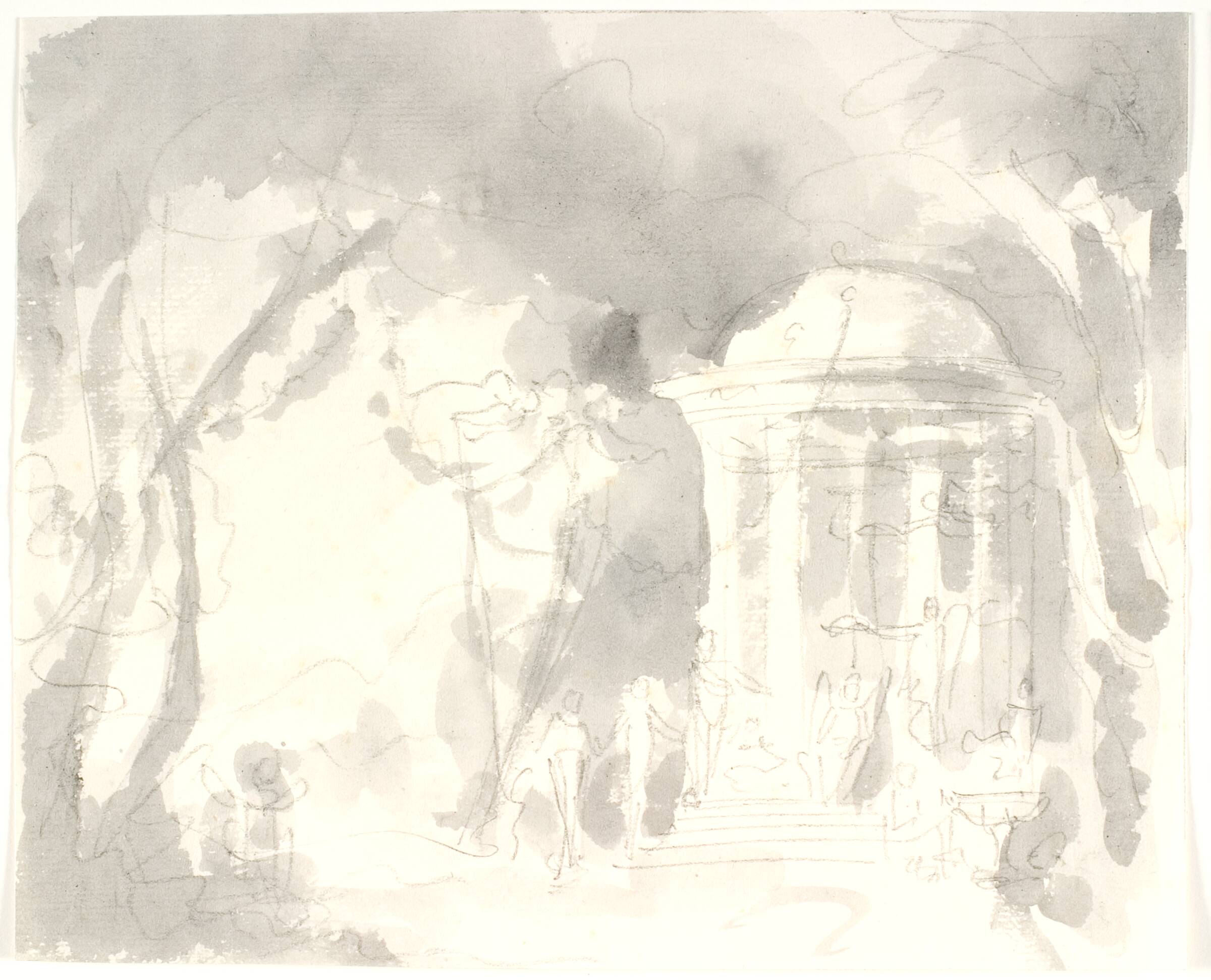 Rundtempel med vingede skikkelser omgivet af træer, Aron Wallick, 1803-1809