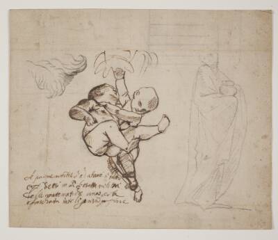 Studie til to legende putti, blade og en draperet figur med en urne