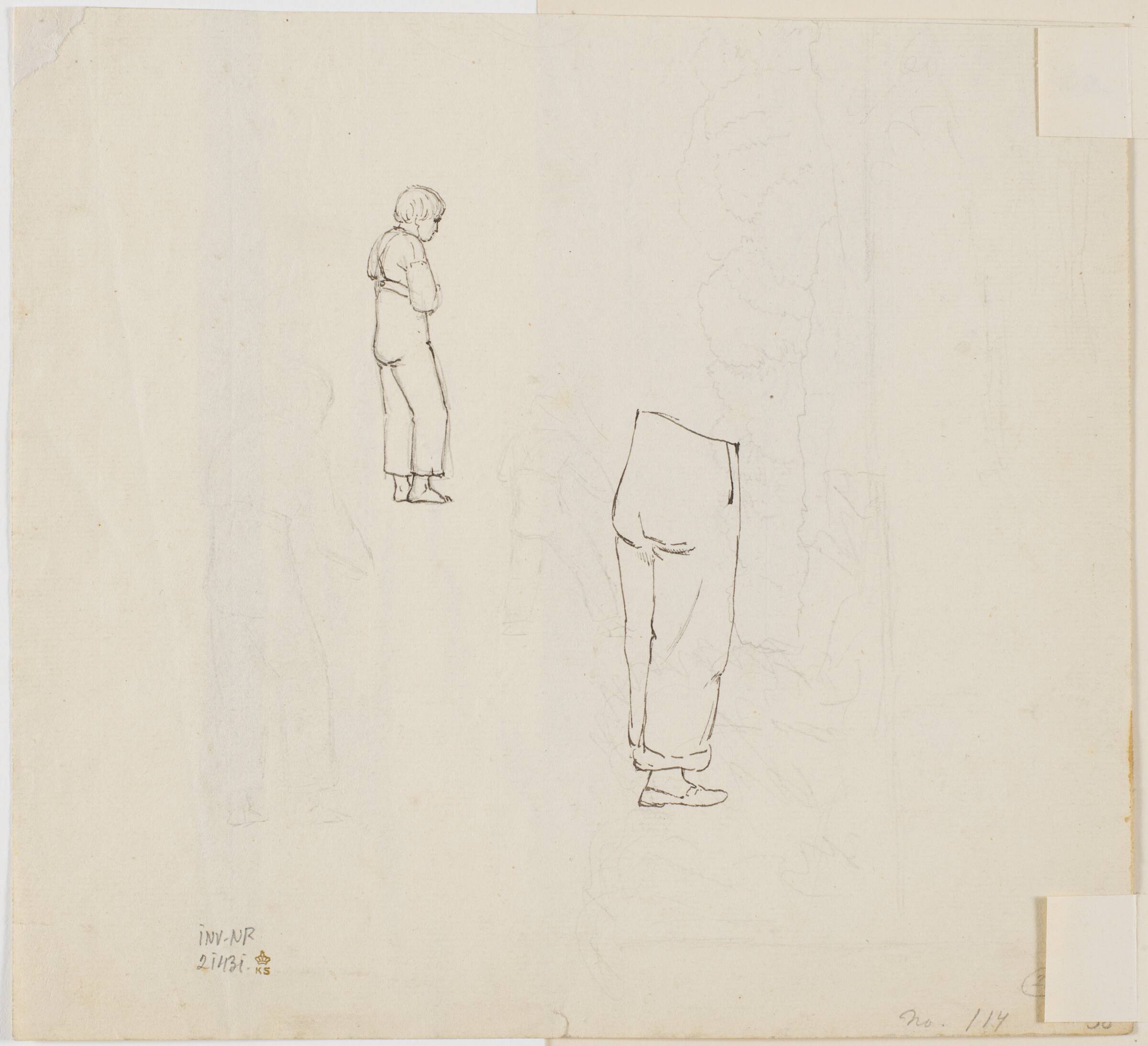 To næsten usynlige blyantsstudier af en bondedreng og et landskab med træer, desuden to studier med pen af samme bondedreng., P.C. Skovgaard, 1817-1875