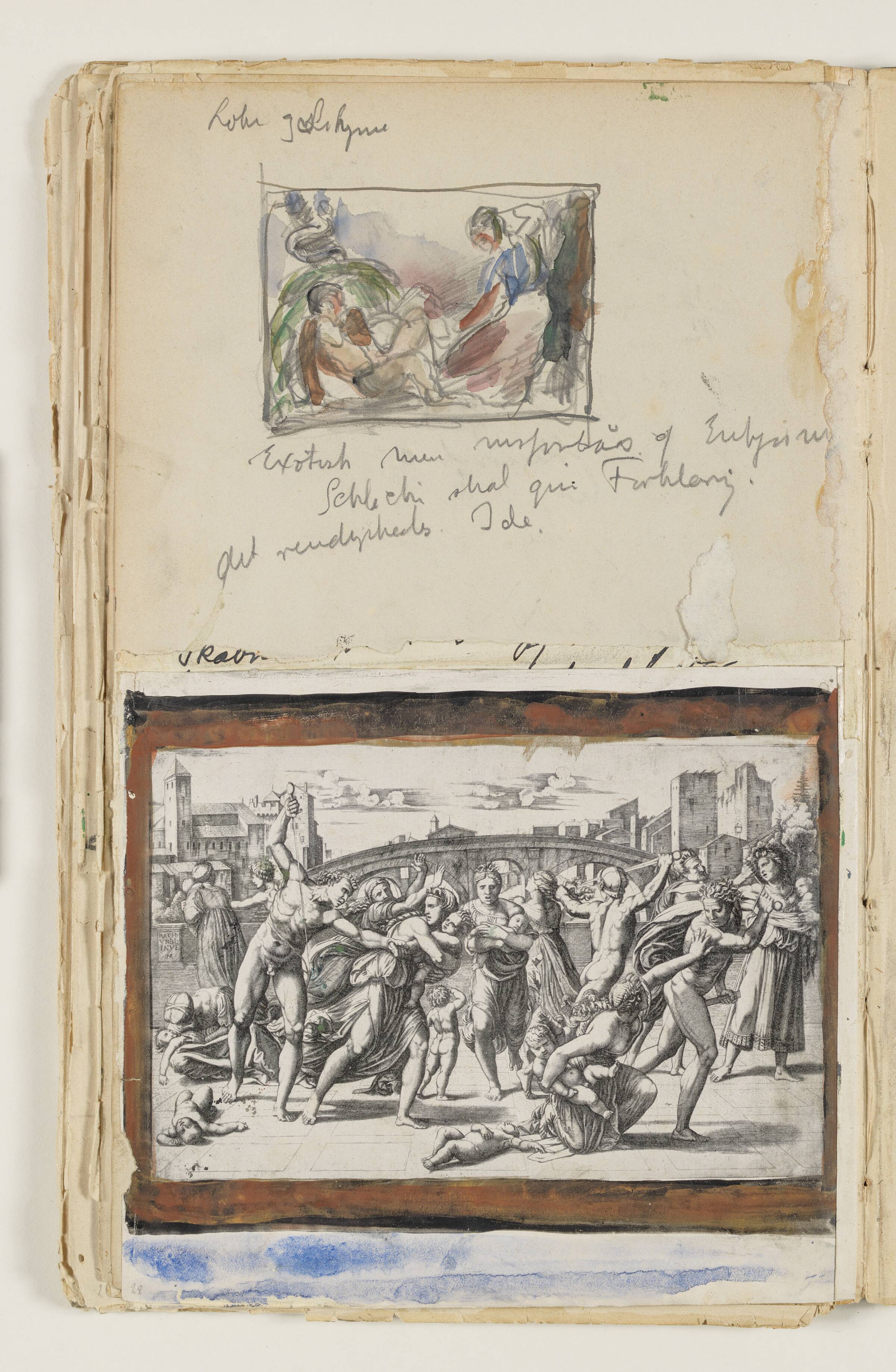 Studie til eller efter kunstnerens maleri "Loke" og "Sigyn". Desuden indklæbet foto af "Barnemordet i Bethlehem", stik af M.A. Raimondi efter Raphael, J.A. Jerichau, 1913-1914