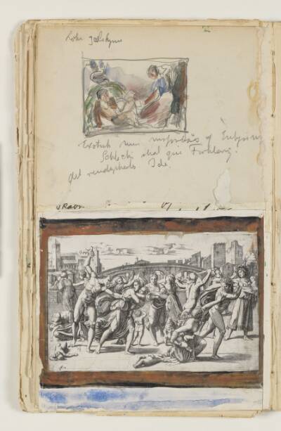 Studie til eller efter kunstnerens maleri "Loke" og "Sigyn". Desuden indklæbet foto af "Barnemordet i Bethlehem", stik af M.A. Raimondi efter Raphael