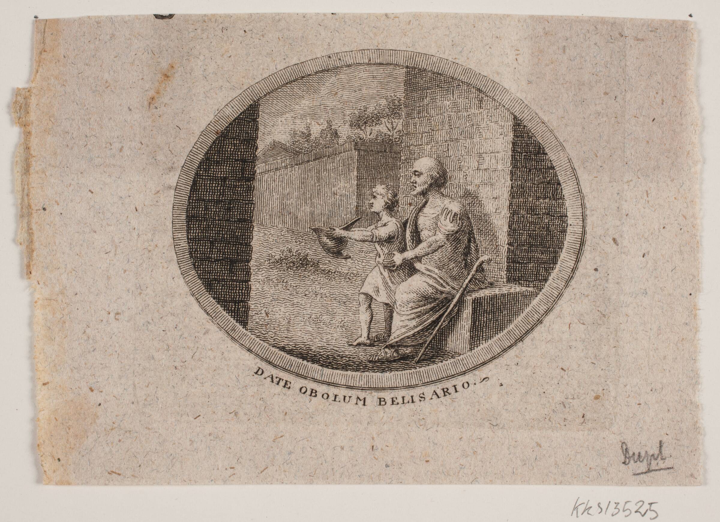 Vignet med gammel mand og et barn, Gerhard Ludvig Lahde, 1700