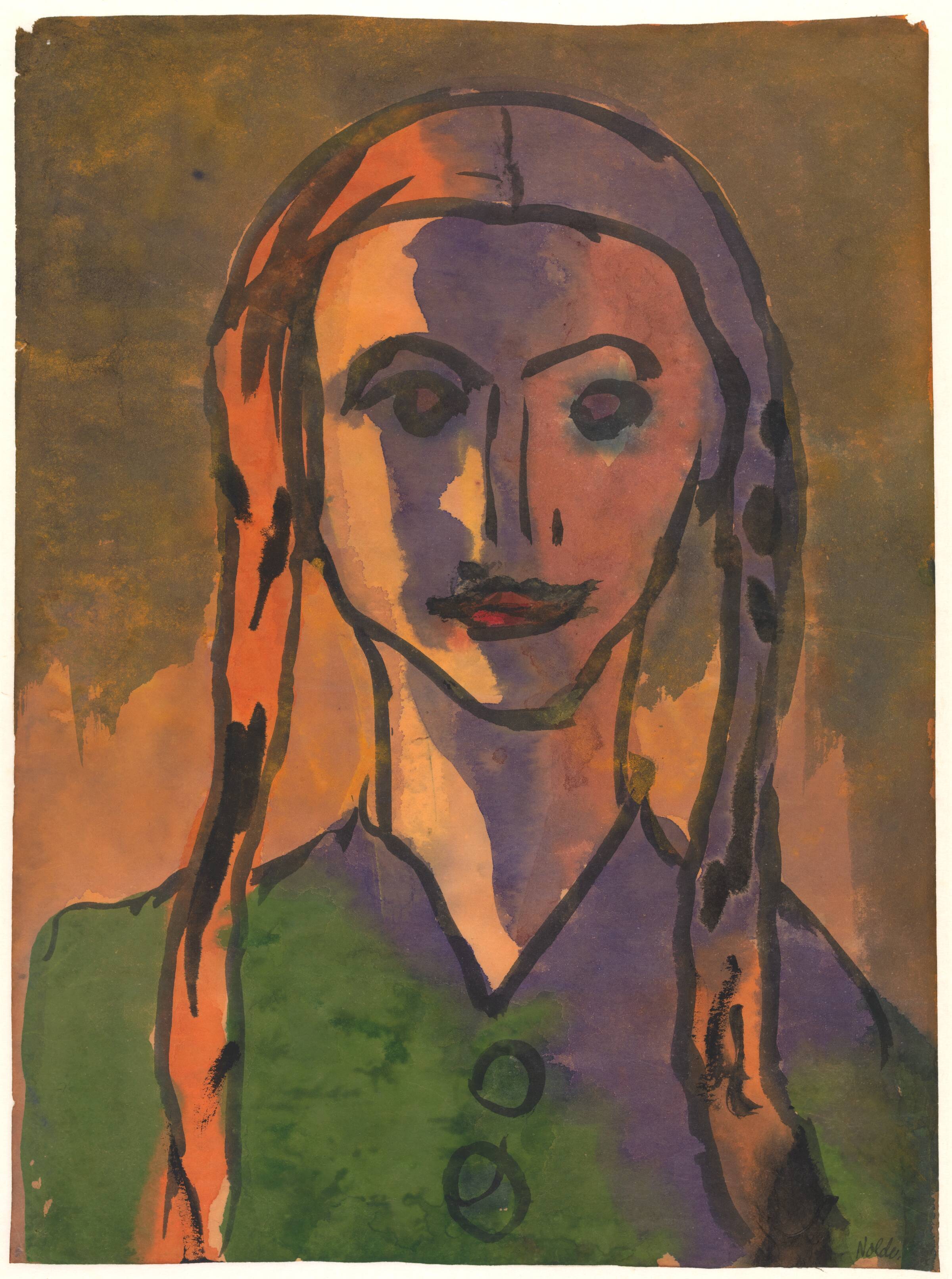 Portræt af Eva Bang. Brystbillede en-face, Emil Nolde, 1923