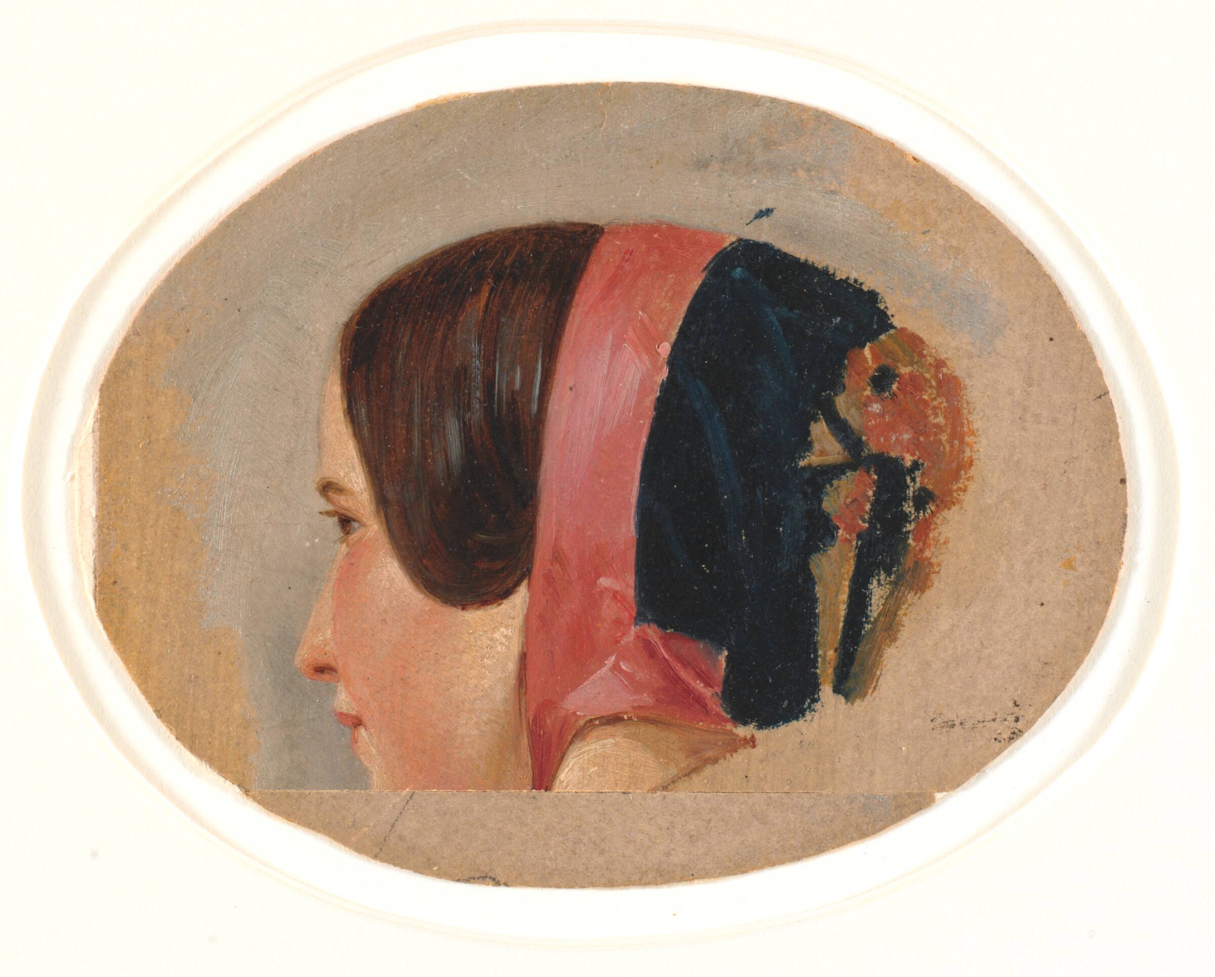 Portræt af ung pige med kyse, bortvendt profil mod venstre, Christen Dalsgaard, 1847-1857