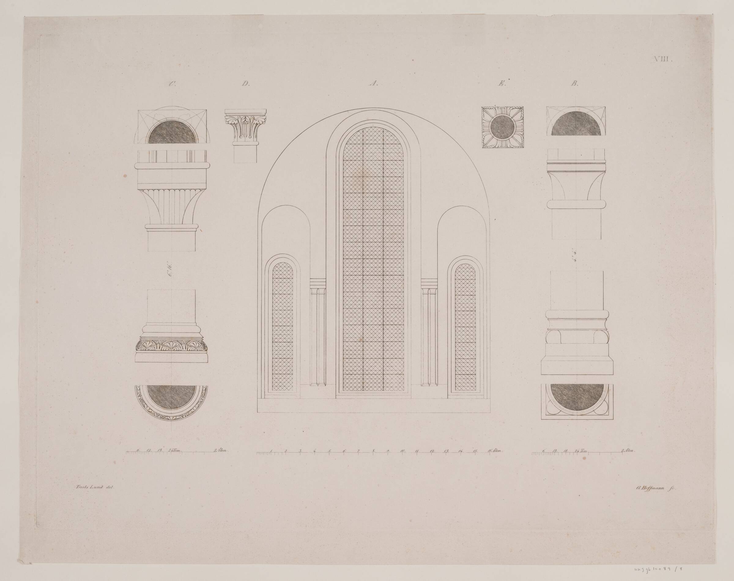 Roskilde Domkirke. Gavlvinduer samt opstalt og snit af søjlekapitæler og -baser, Georg Hoffmann, 1833