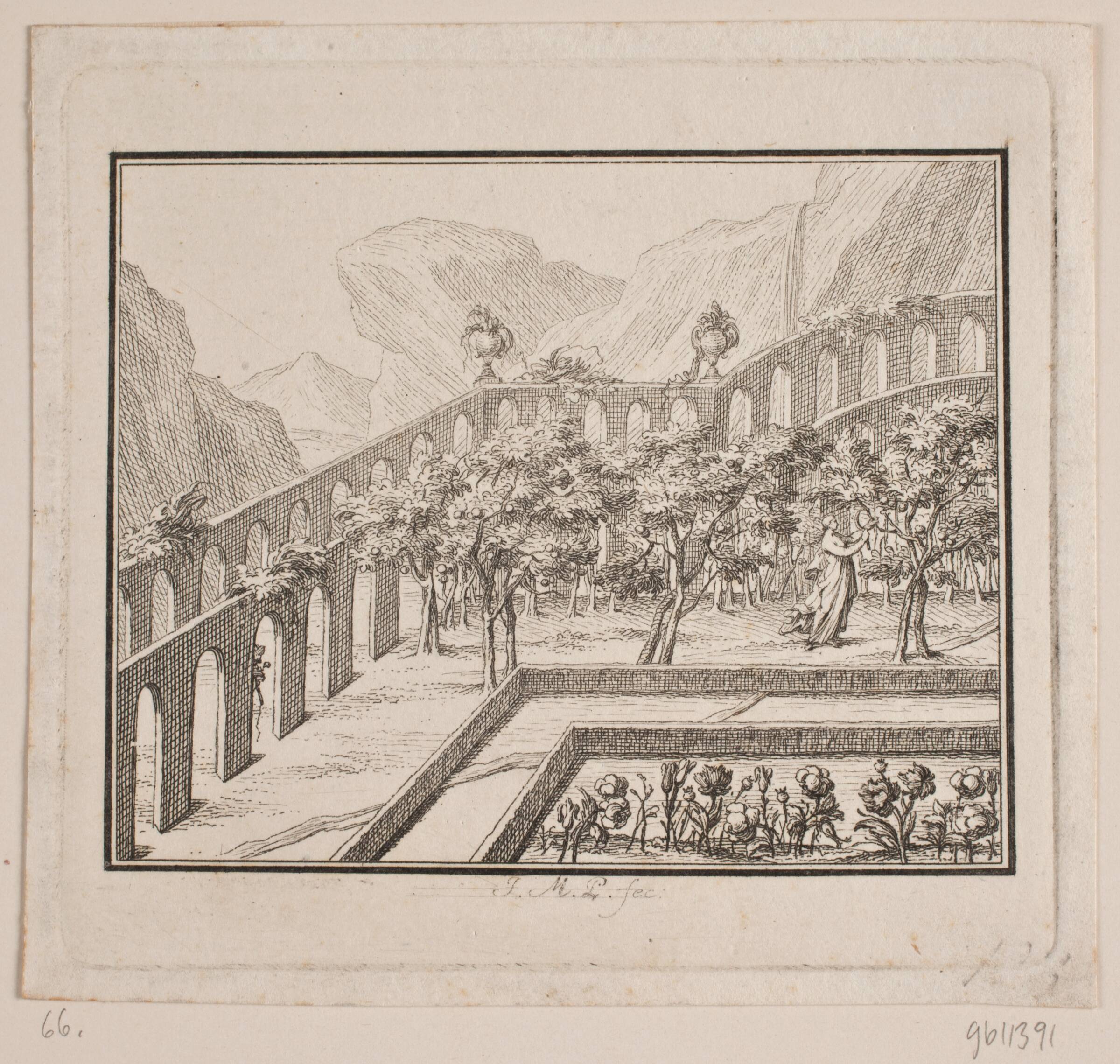 Vignet. I en bjergegn en frugthave mellem buegange; i haven en kvinde med et segl, J.M. Preisler, 1715-1794
