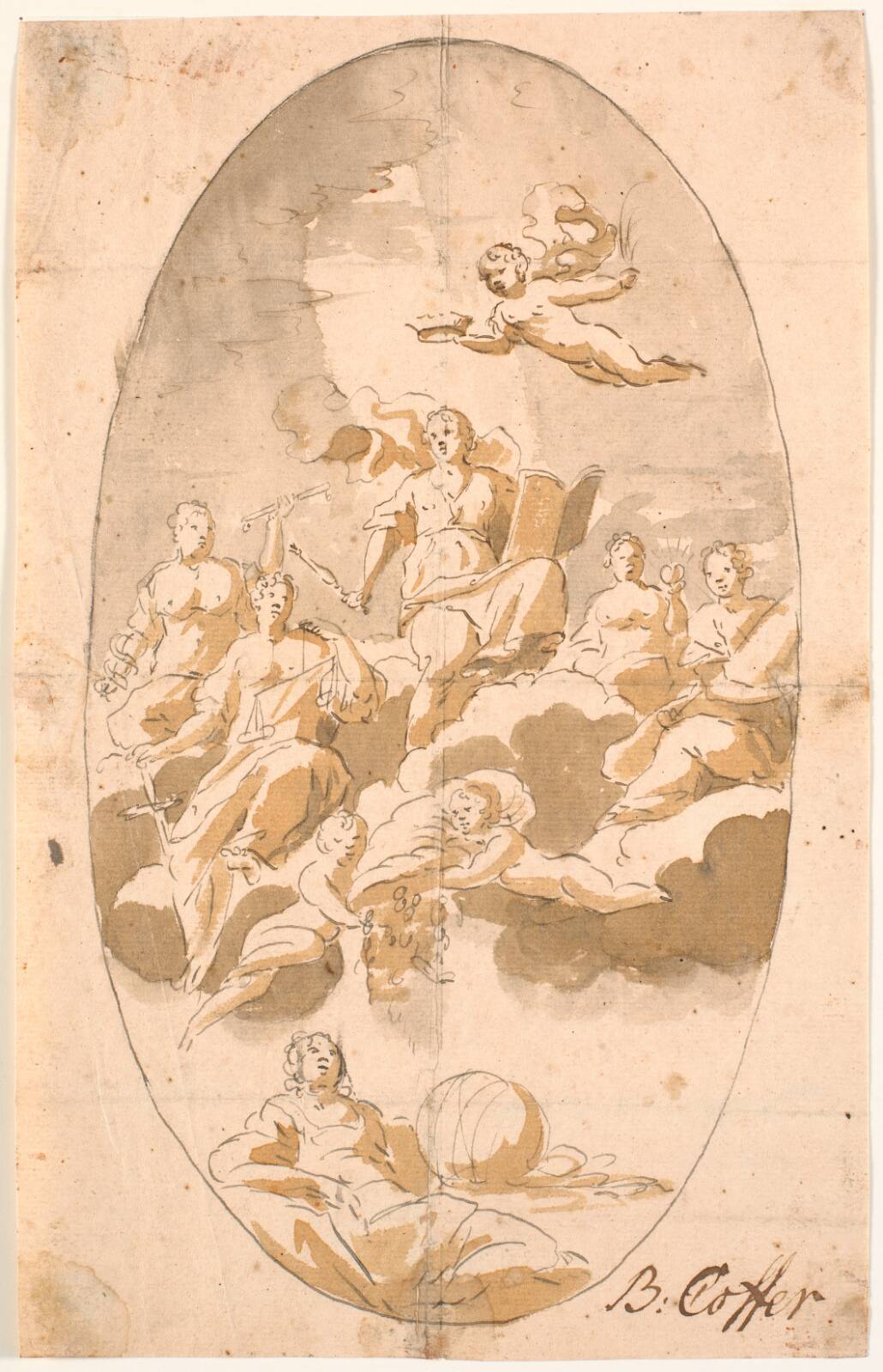 Studie til loftsmaleri med ni figurer, ovalt, by Bénoit Le Coffre, 1671-1722