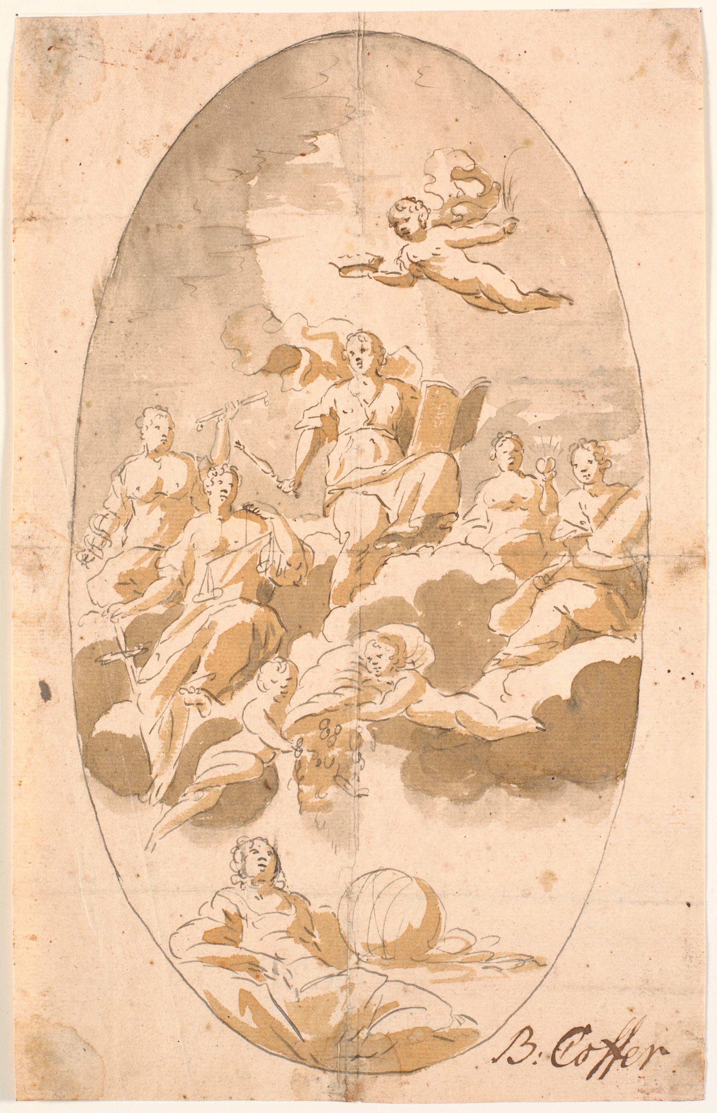 Studie til loftsmaleri med ni figurer, ovalt, Bénoit Le Coffre, 1671-1722