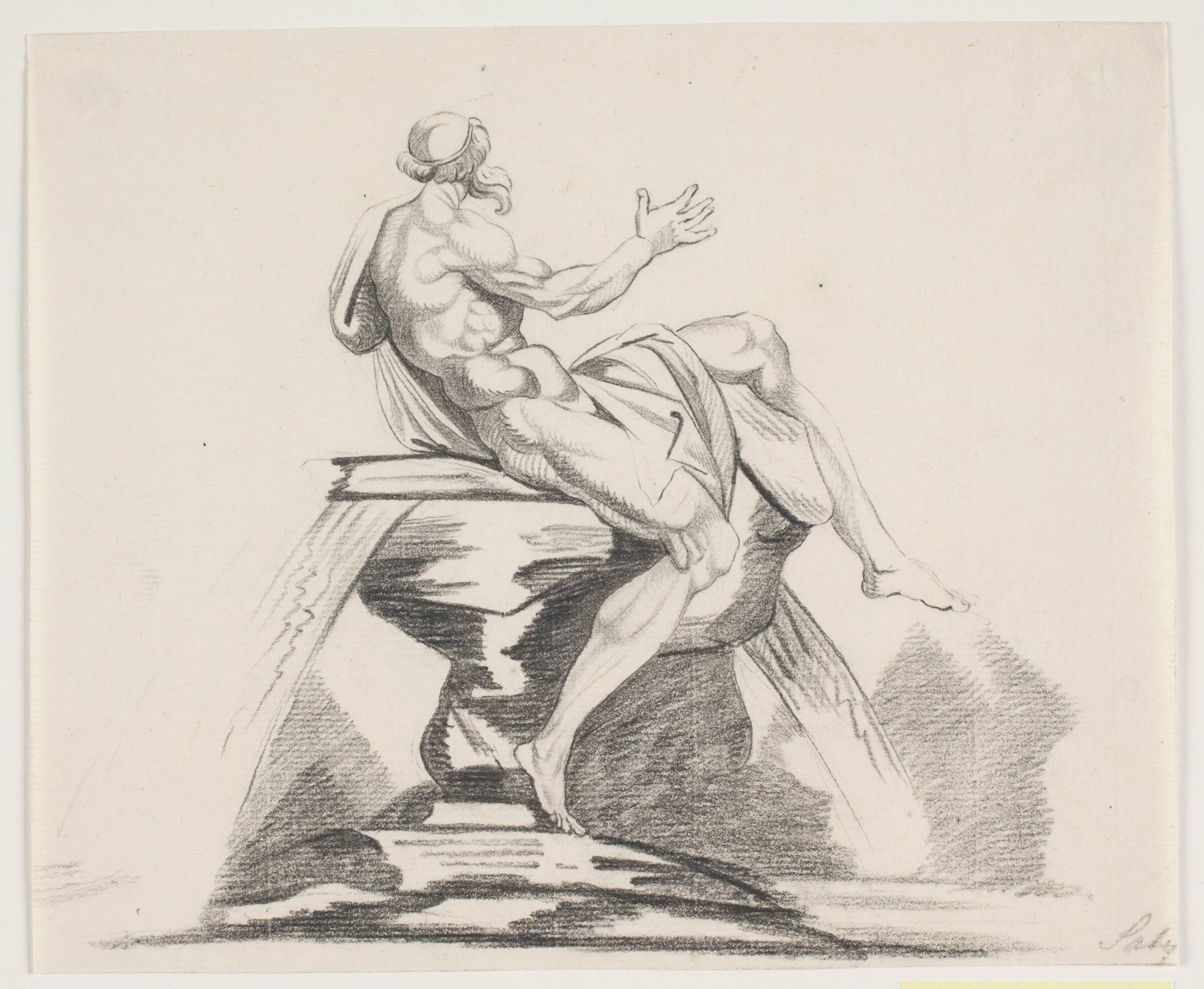 Mandlig skægget figur med gevandter set bagfra på en fontæne, Jacques François Joseph Saly, 1717-1776