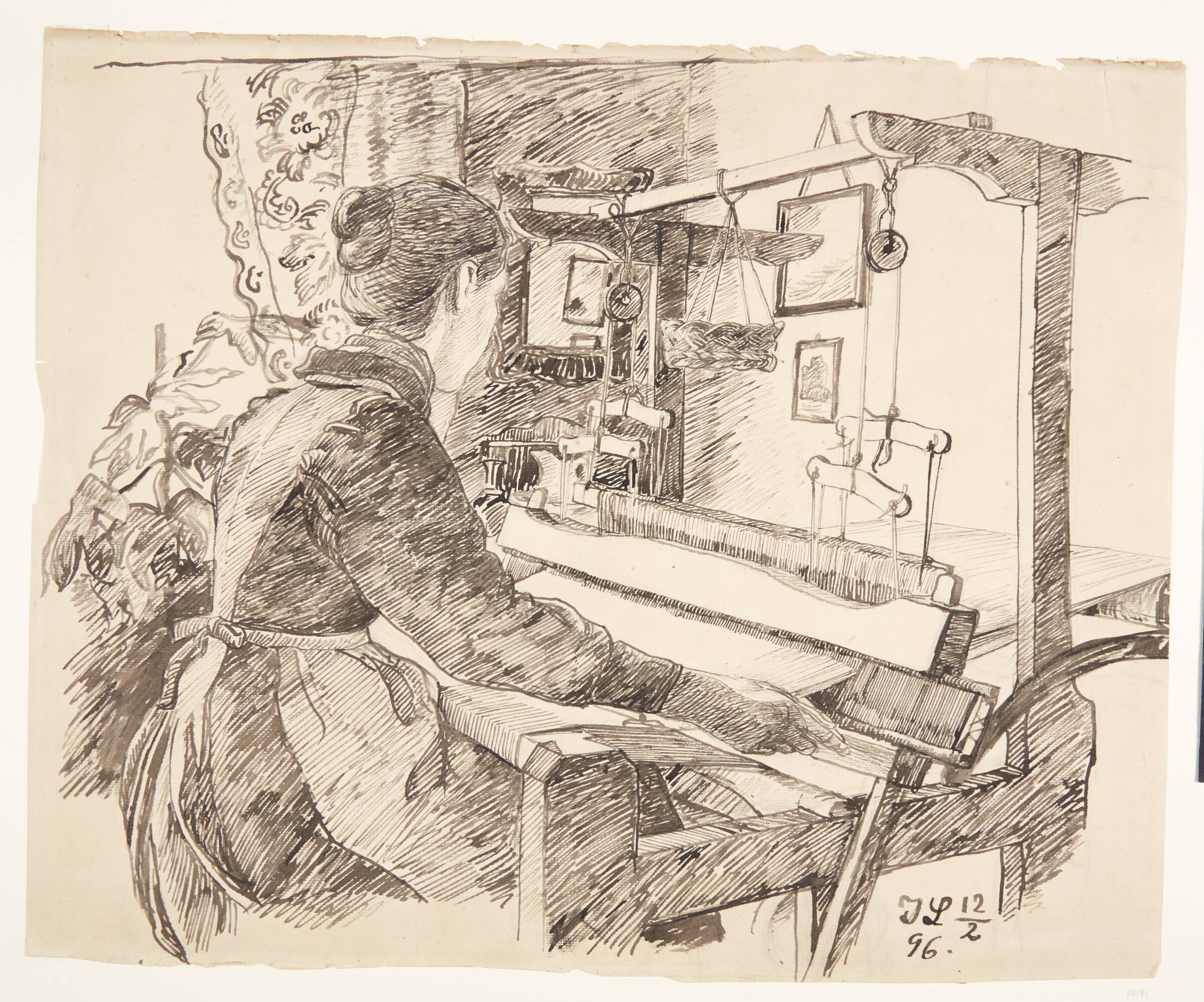 Marie Larsen (kunstnerens søster) ved væven, Johannes Larsen, 1896