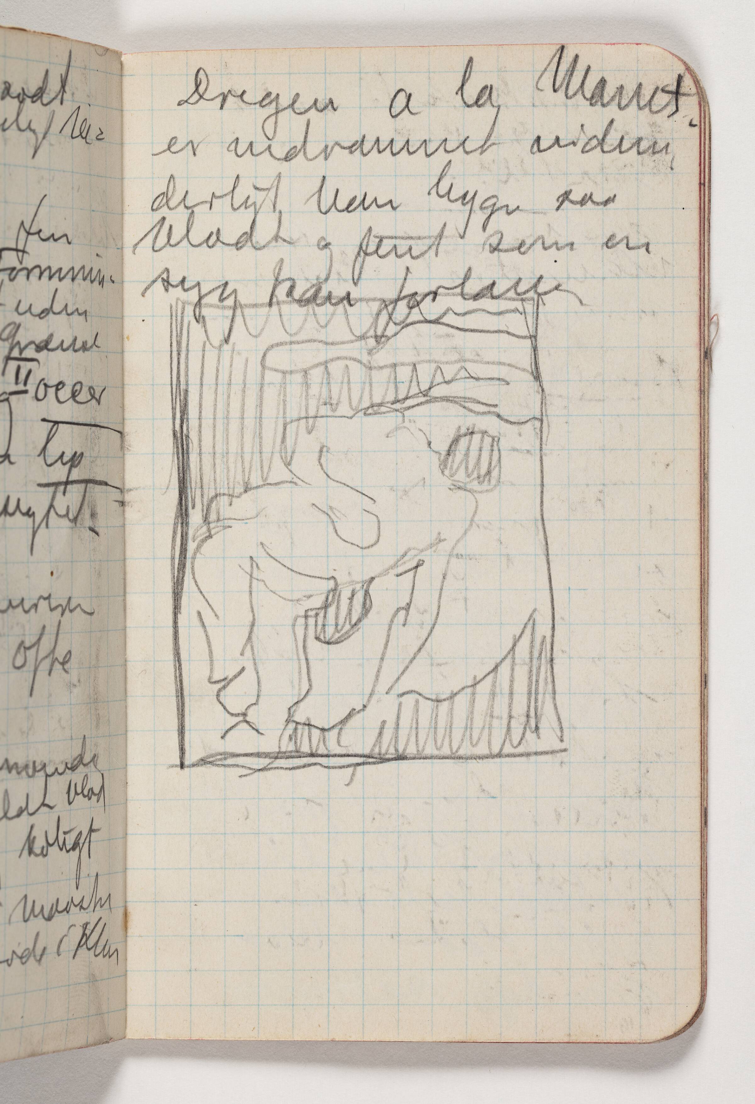 Løse rids af komposition efter Gauguins Nøgen bretonsk dreng, 1889 samt iagttagelser gjort efter malerier af bl.a. Cezanne, Gauguin og Pissaro på impressionistudstillingen i Kunstforeningen, København, april 1911, J.A. Jerichau, 1910-1911