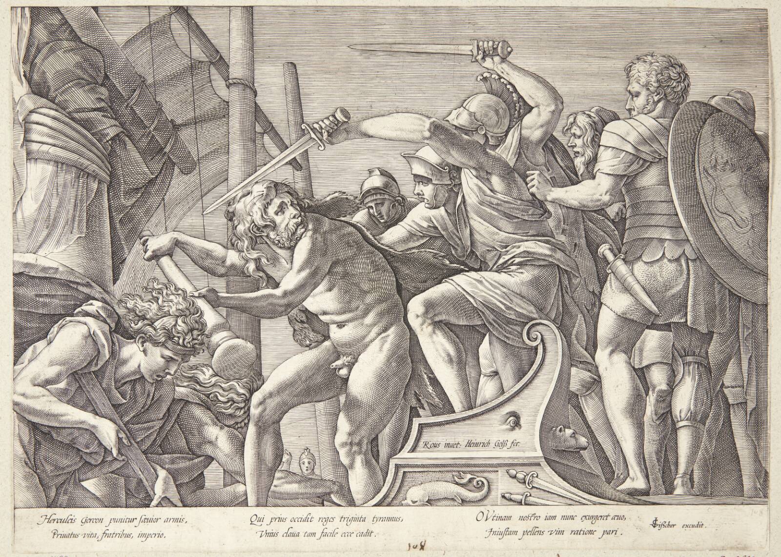 Herakles kæmper mod Geryon, Hendrick Goltzius, 1574-1577