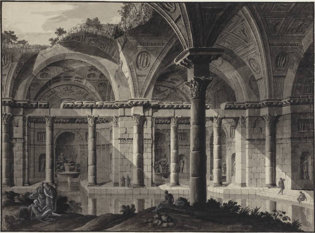 Arkitekturfantasi. Antikke termer med badende figurer, Robert Adam, 1777