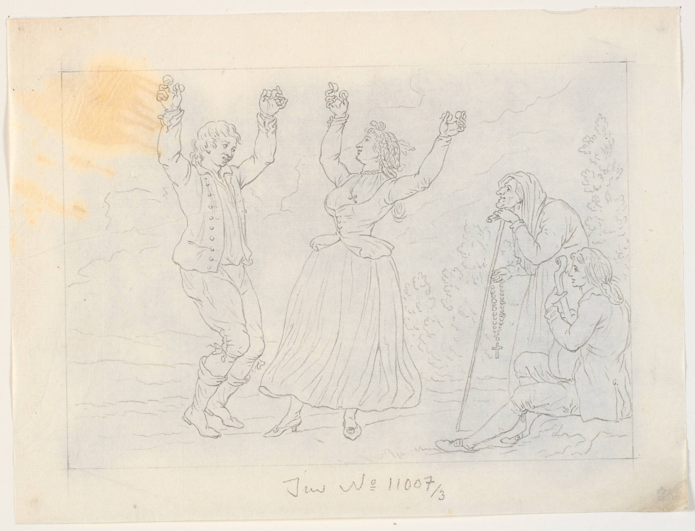 Mand og kvinde danser fandango. En ung mand der spiller guitar og en gammel kone ser til, J.F. Clemens, 1748-1831
