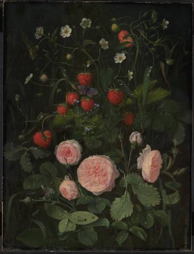 Blomsterstykke med roser og jordbær