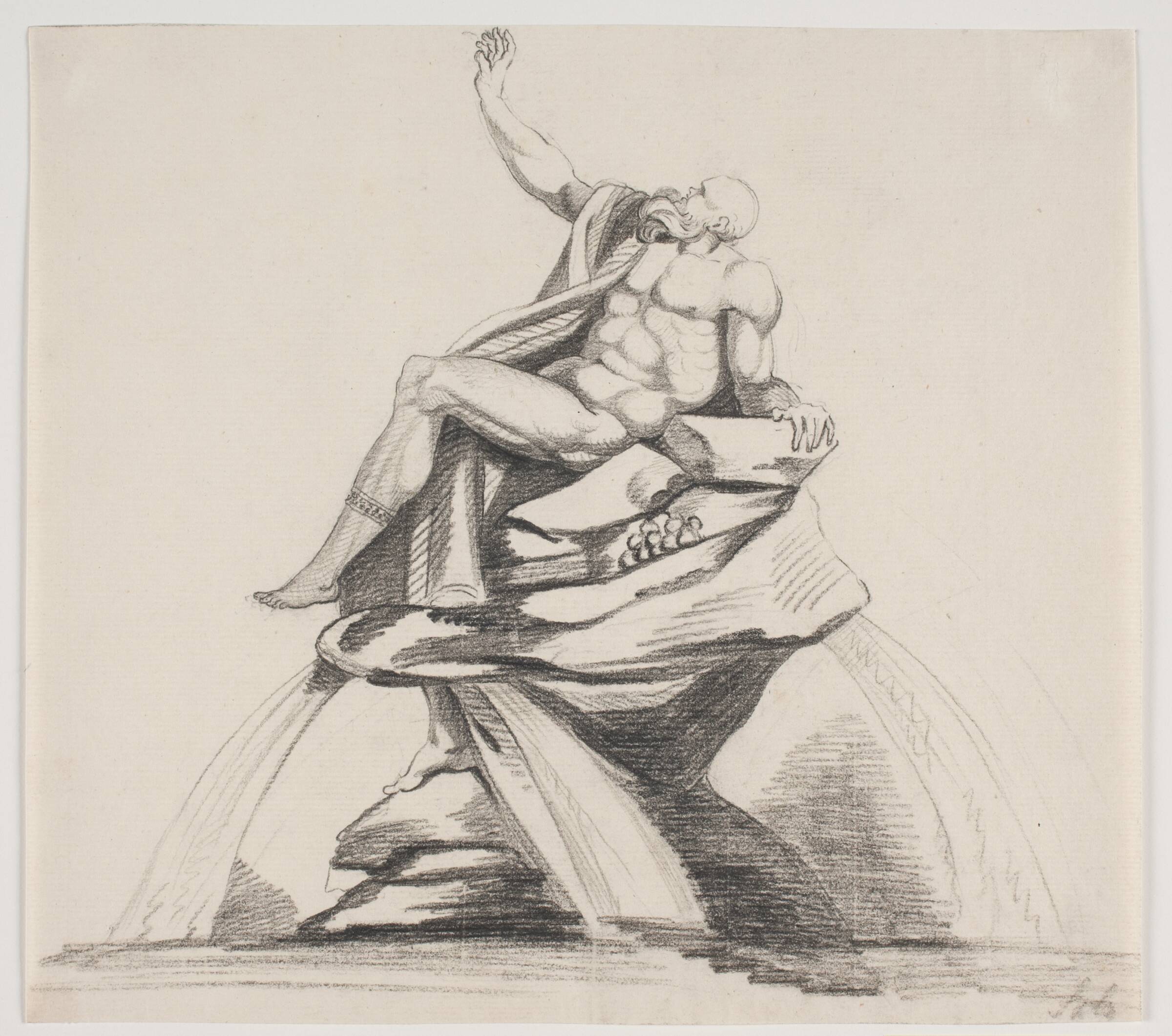 Mandlig skægget figur med gevandter set i profil m.v. på en fontæne, Jacques François Joseph Saly, 1717-1776