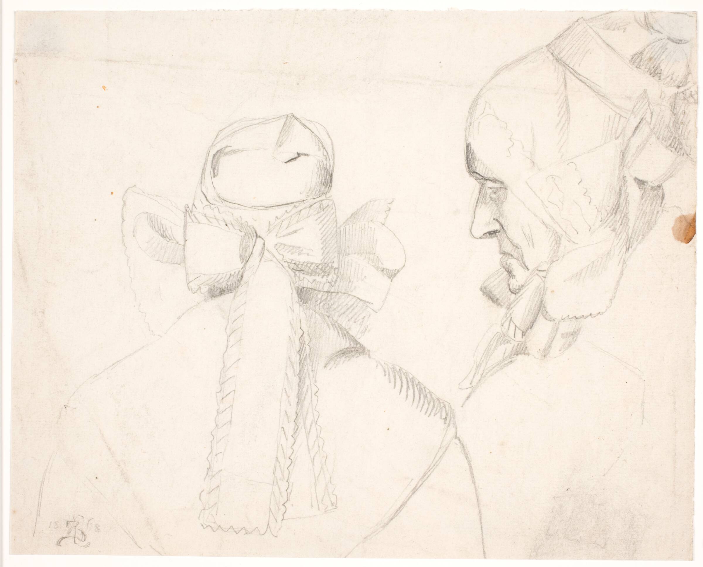 Kone med bornholmsk hovedtøj. Profil t.v og fra nakken, Kristian Zahrtmann, 1868
