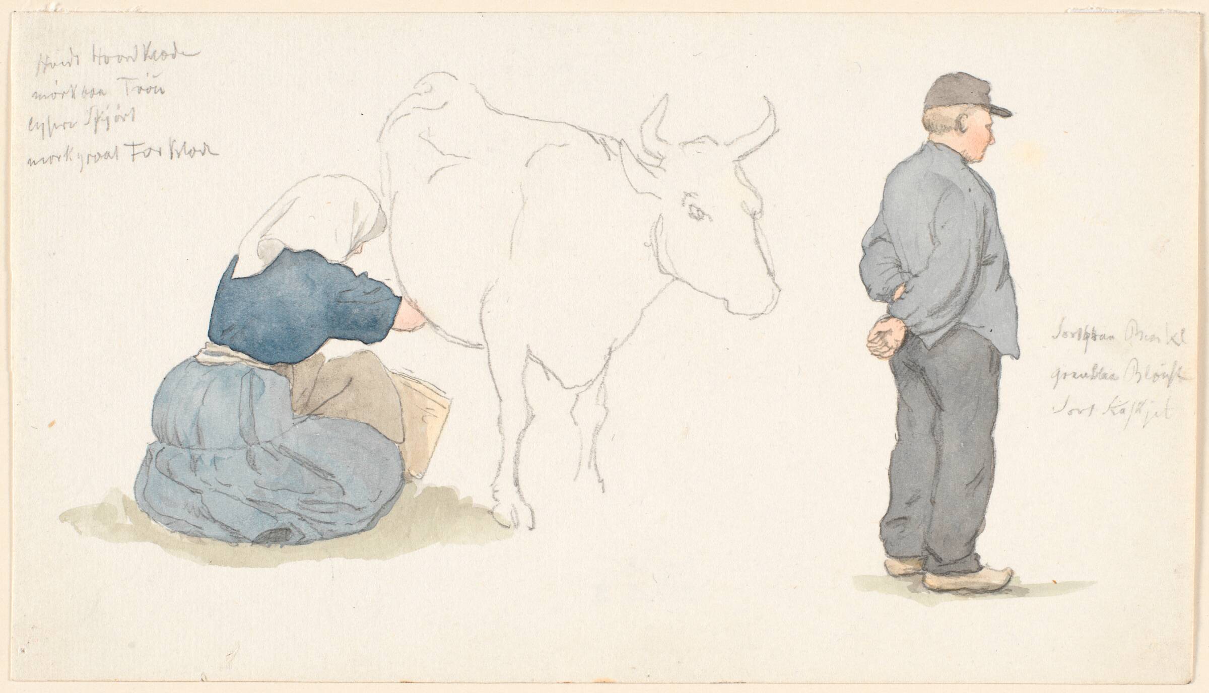 Studieblad med pige, der malker en ko, t.h. stående bonde., P.C. Skovgaard, 1842-1845