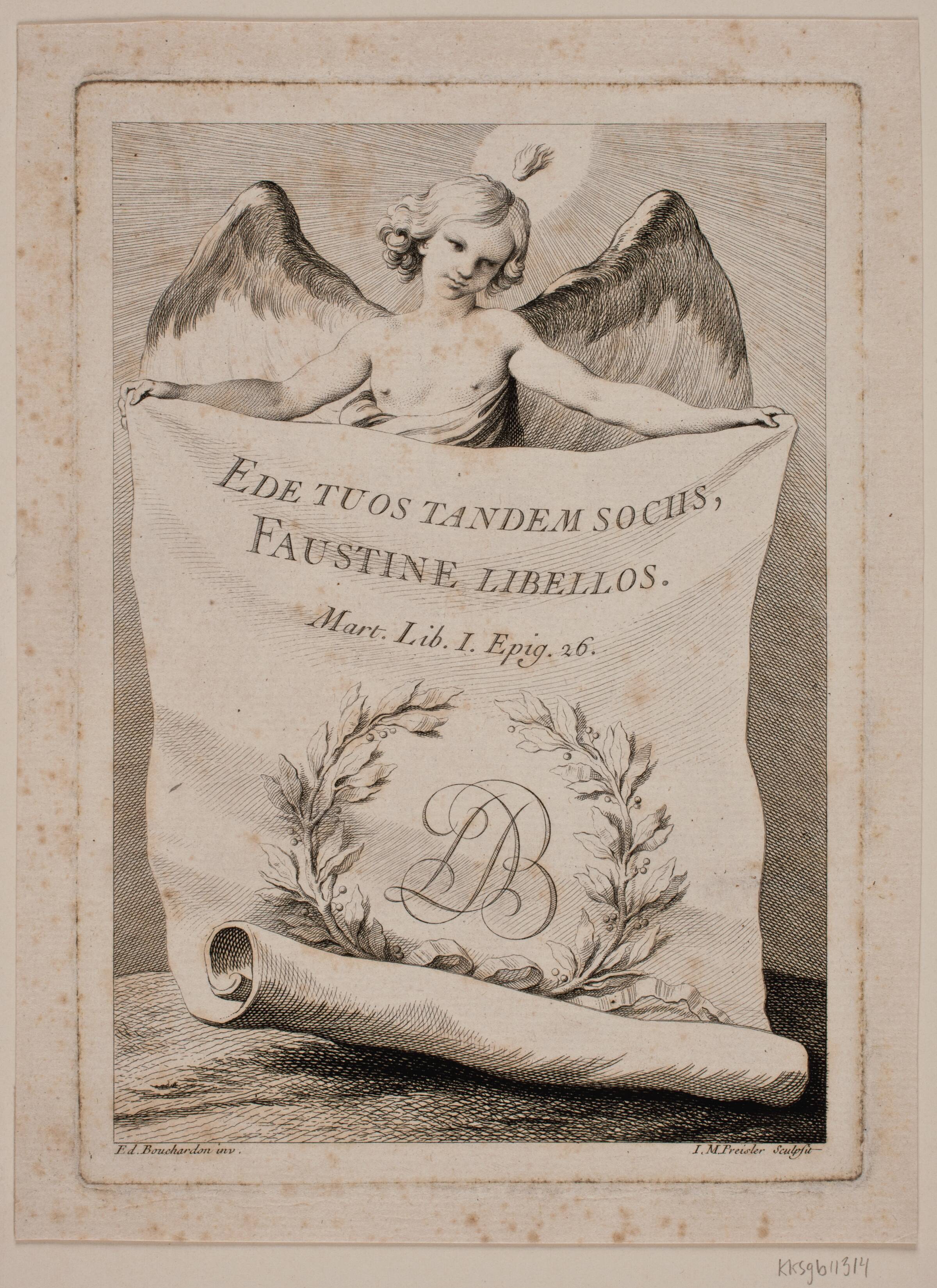 Titelkobber med en engel, der holder et stort papir, J.M. Preisler, 1715-1794