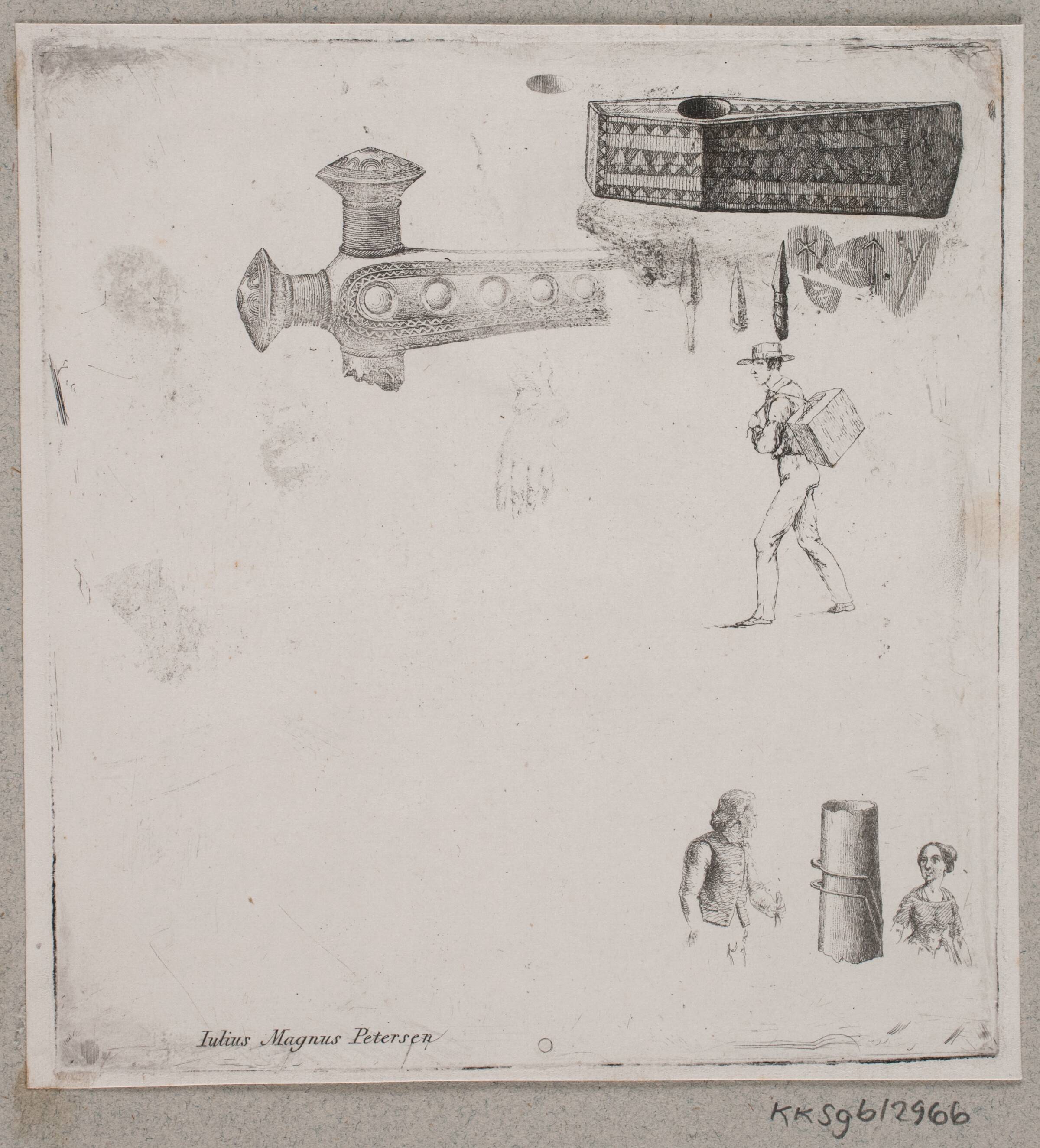 Prøveblad med nordiske oldsager, figurer mm., Julius Magnus-Petersen, 1834-1866
