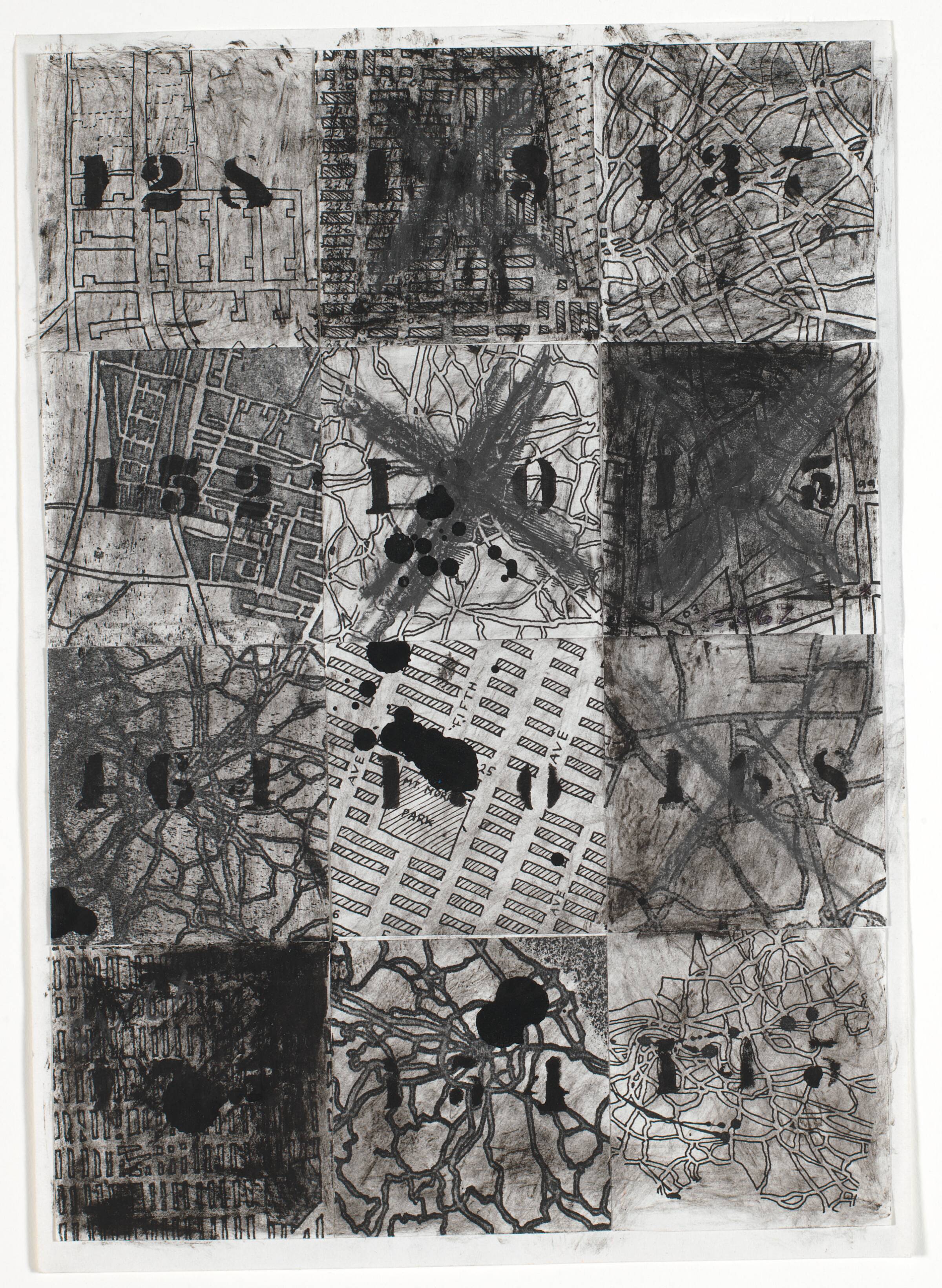 Tegning (12 forskellige byplaner), Nina Sten-Knudsen, 1980