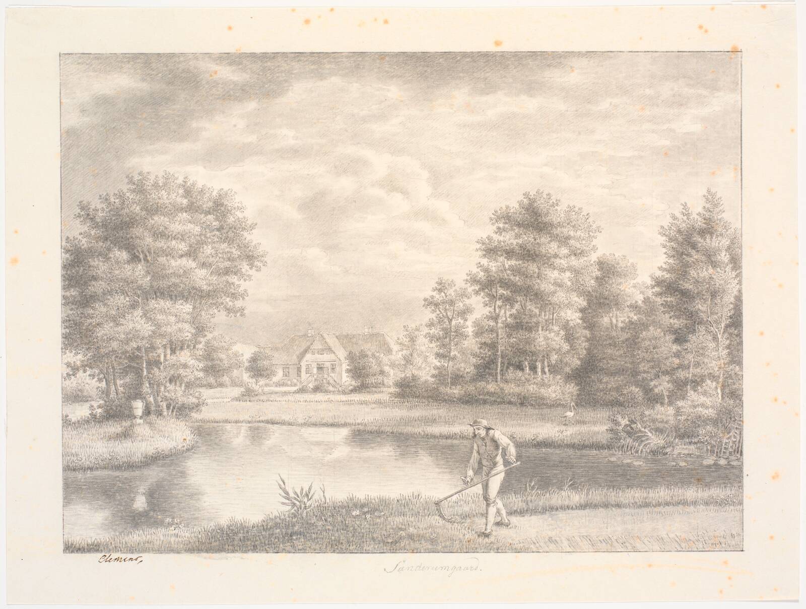 Sanderumgaards have med hus. I forgrunden mand med le, by J.F. Clemens, 1803