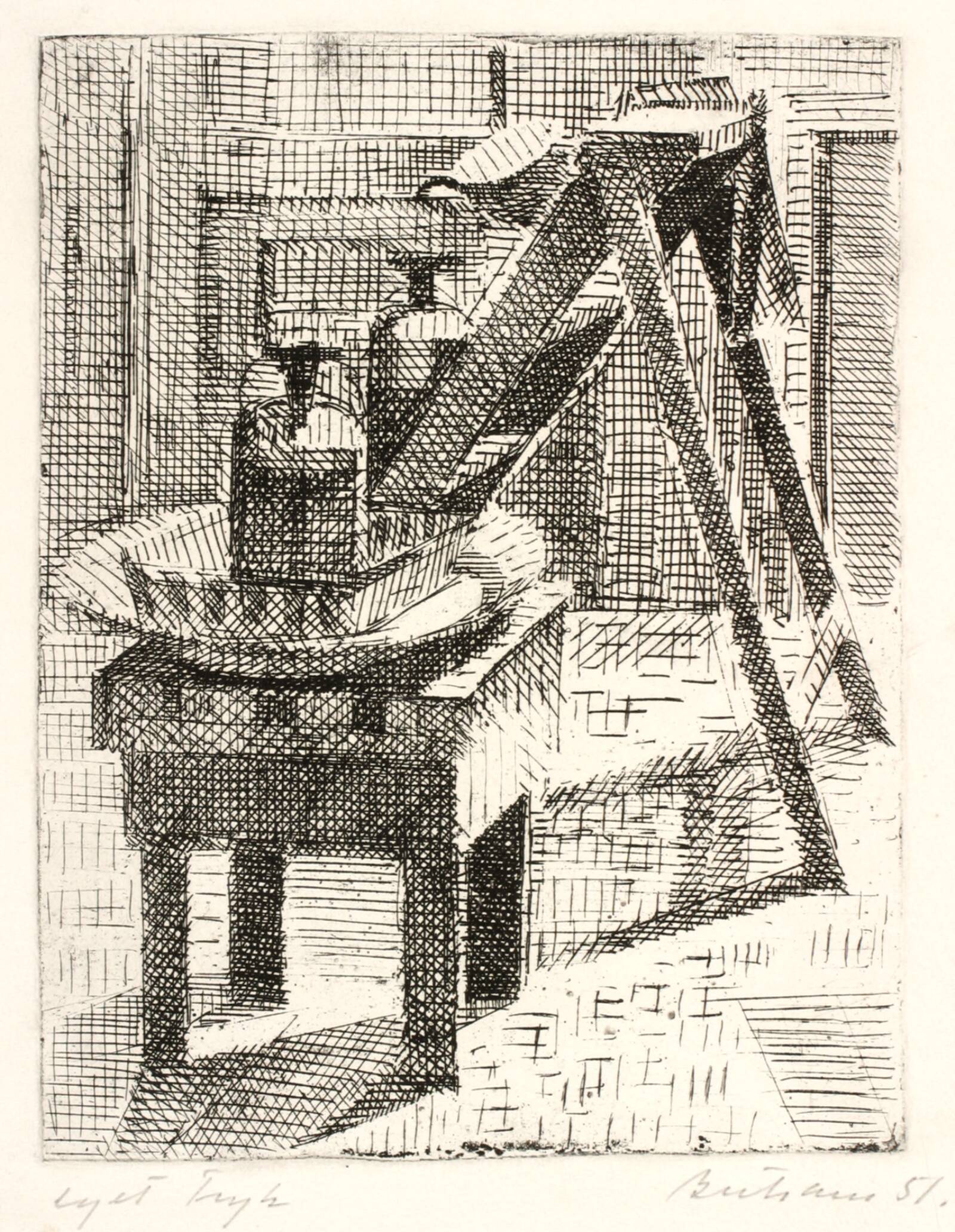 Interiør med trappestige, Helge Bertram, 1951