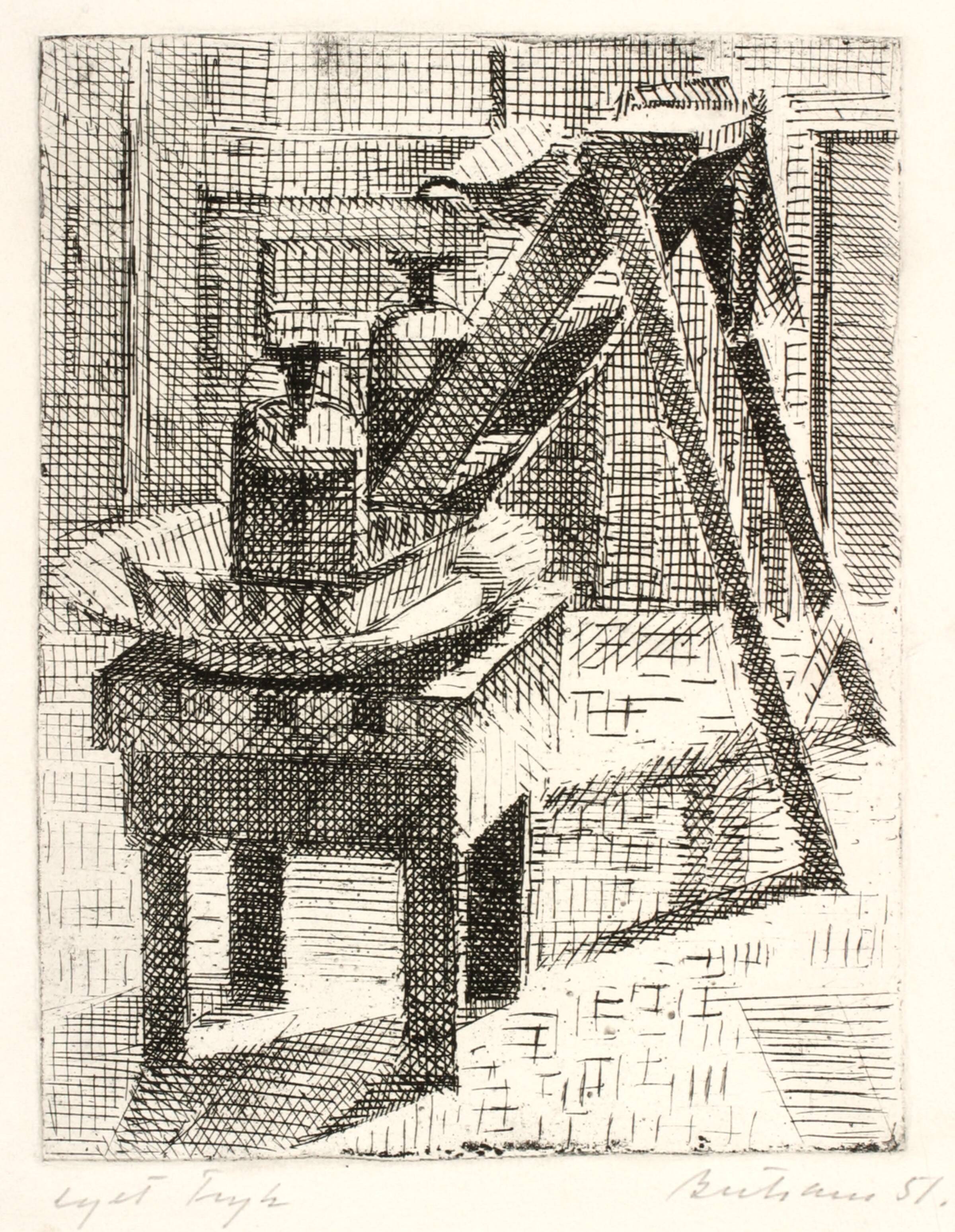 Interiør med trappestige, Helge Bertram, 1951