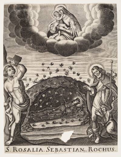 Jomfru Maria og Jesusbarnet i himlen, underneden den hellige Rosalia, Sebastian og Rochus (S. Rosalia. Sebastian. Rochus)