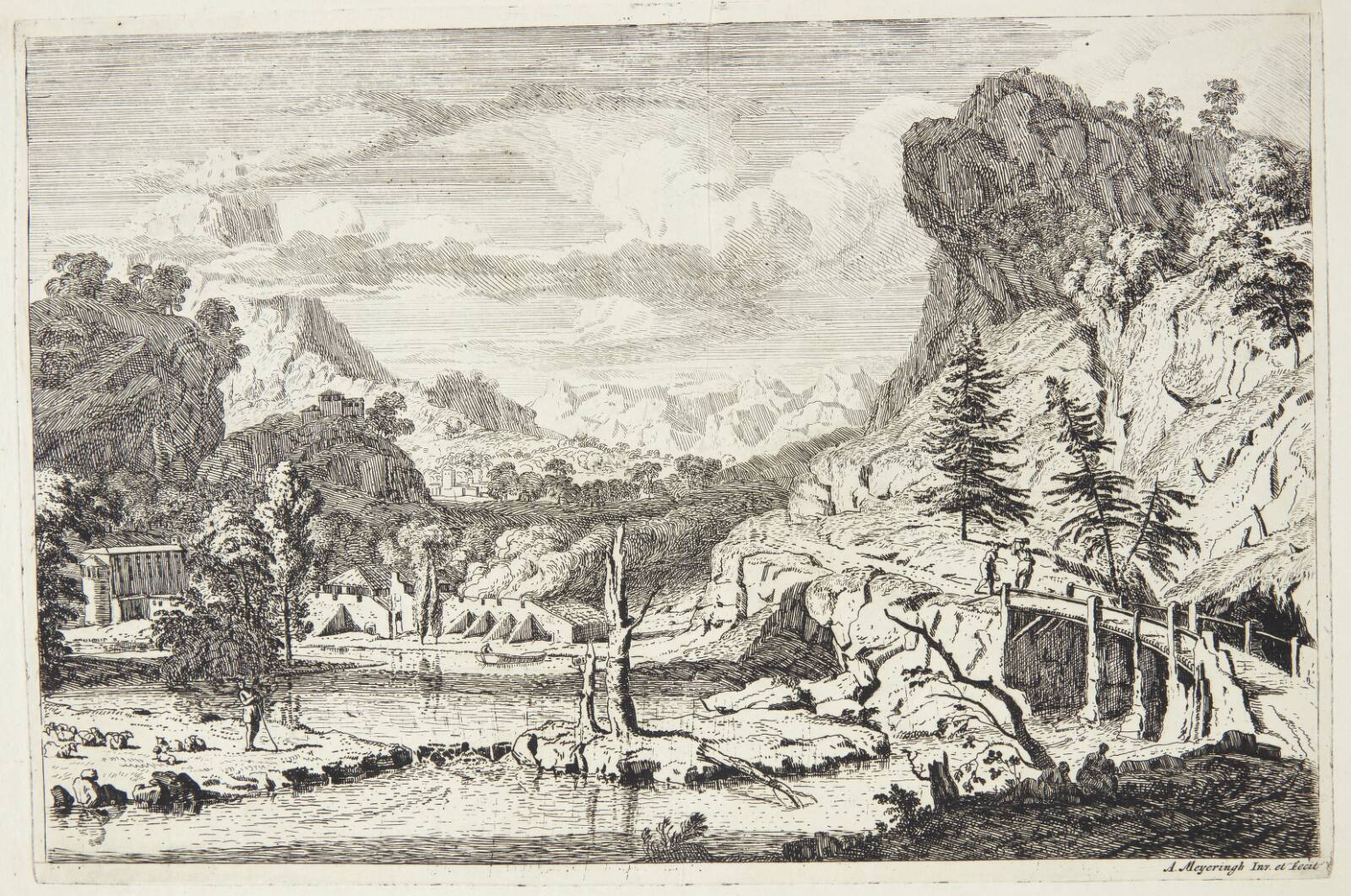 Landskab med en træbro, Albert Meyering, 1645-1714