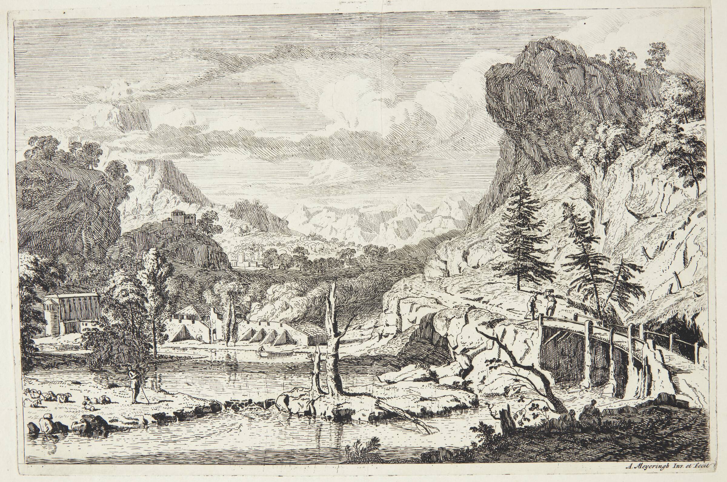 Landskab med en træbro, Albert Meyering, 1645-1714