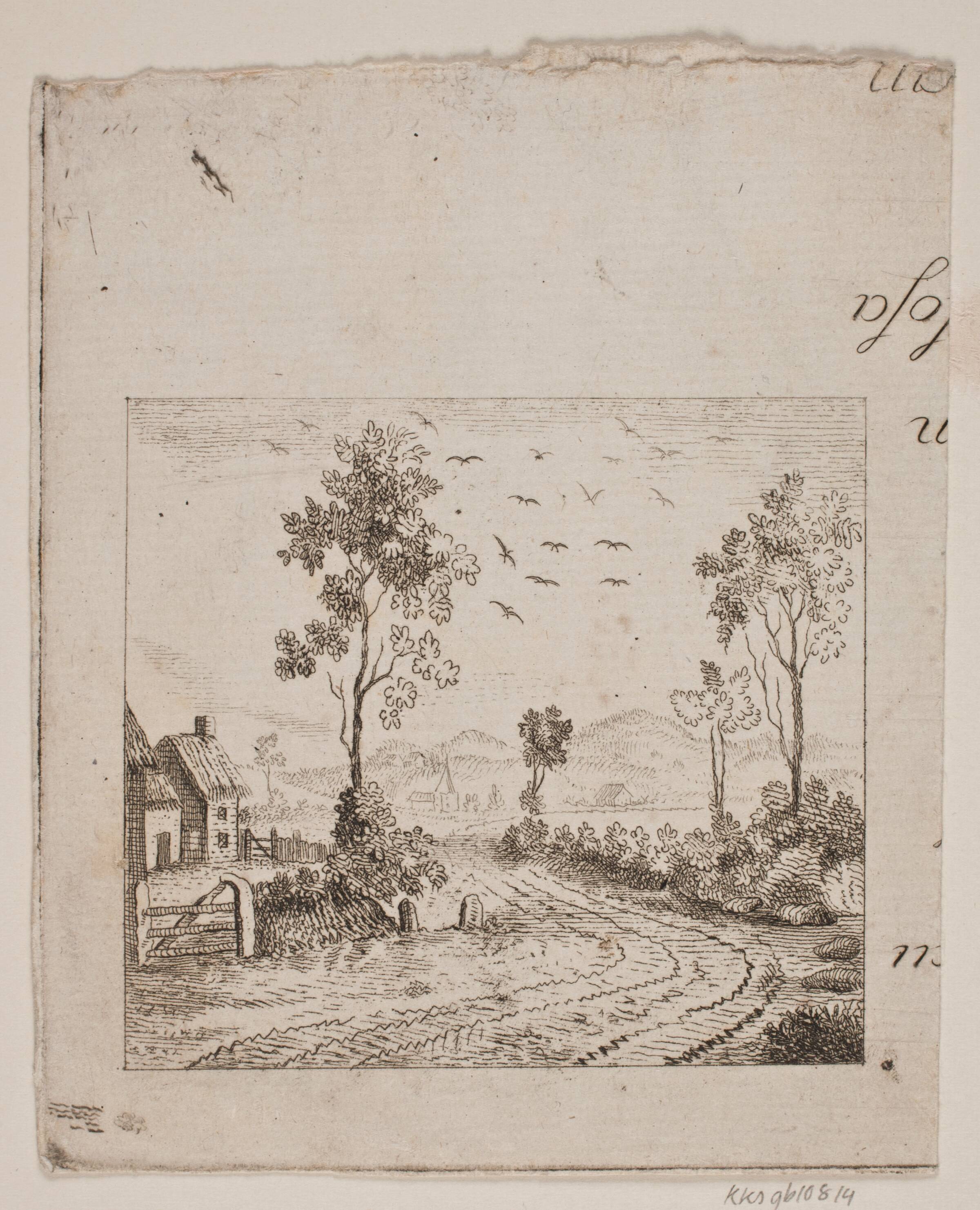 Landskab med hus ved vej med træ og flyvende fugle, Gerhard Ludvig Lahde, 1790