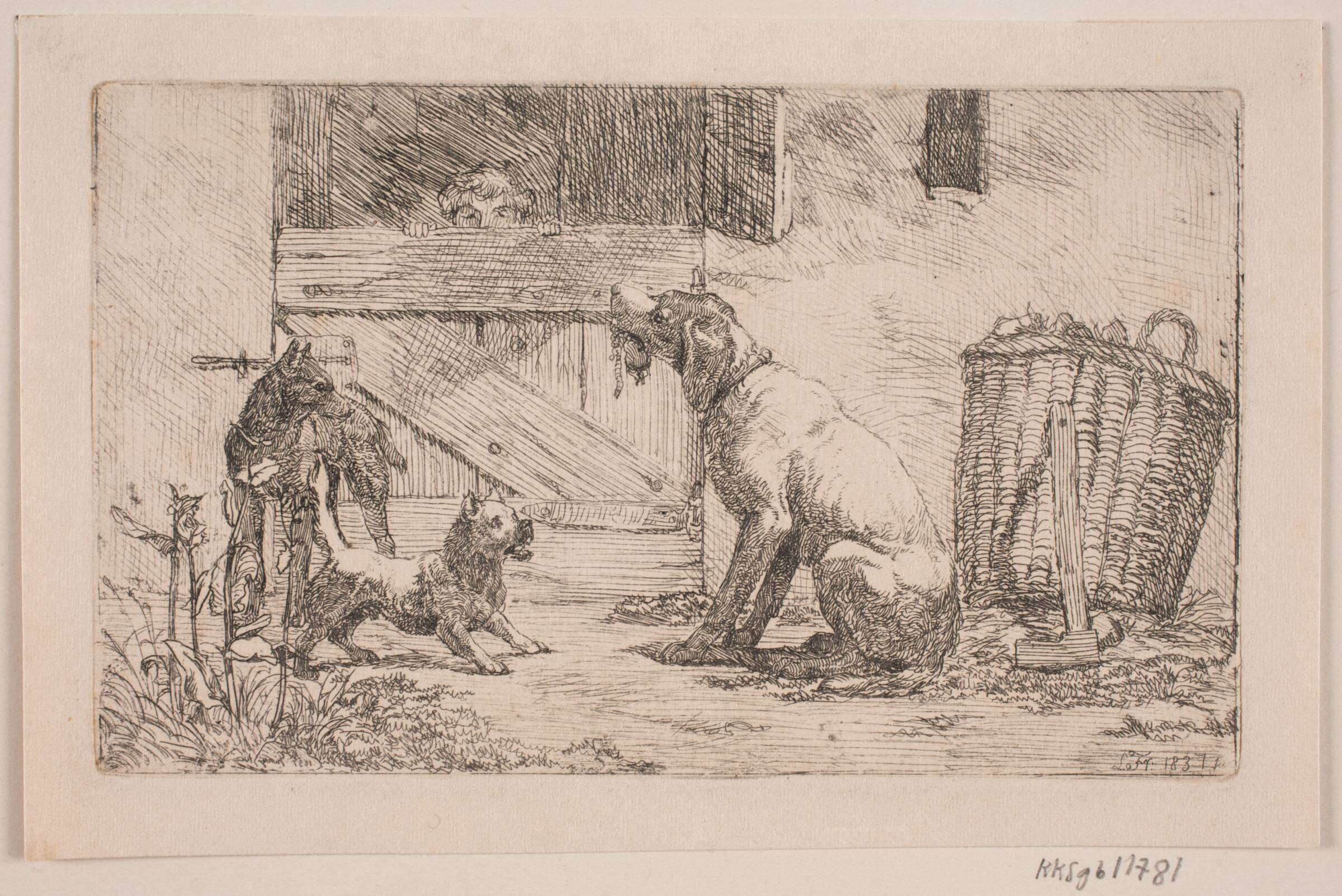 Tre hunde foran en stalddør, Lorenz Frølich, 1837