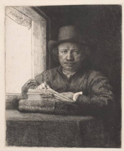 Rembrandt, tegnende ved et vindue