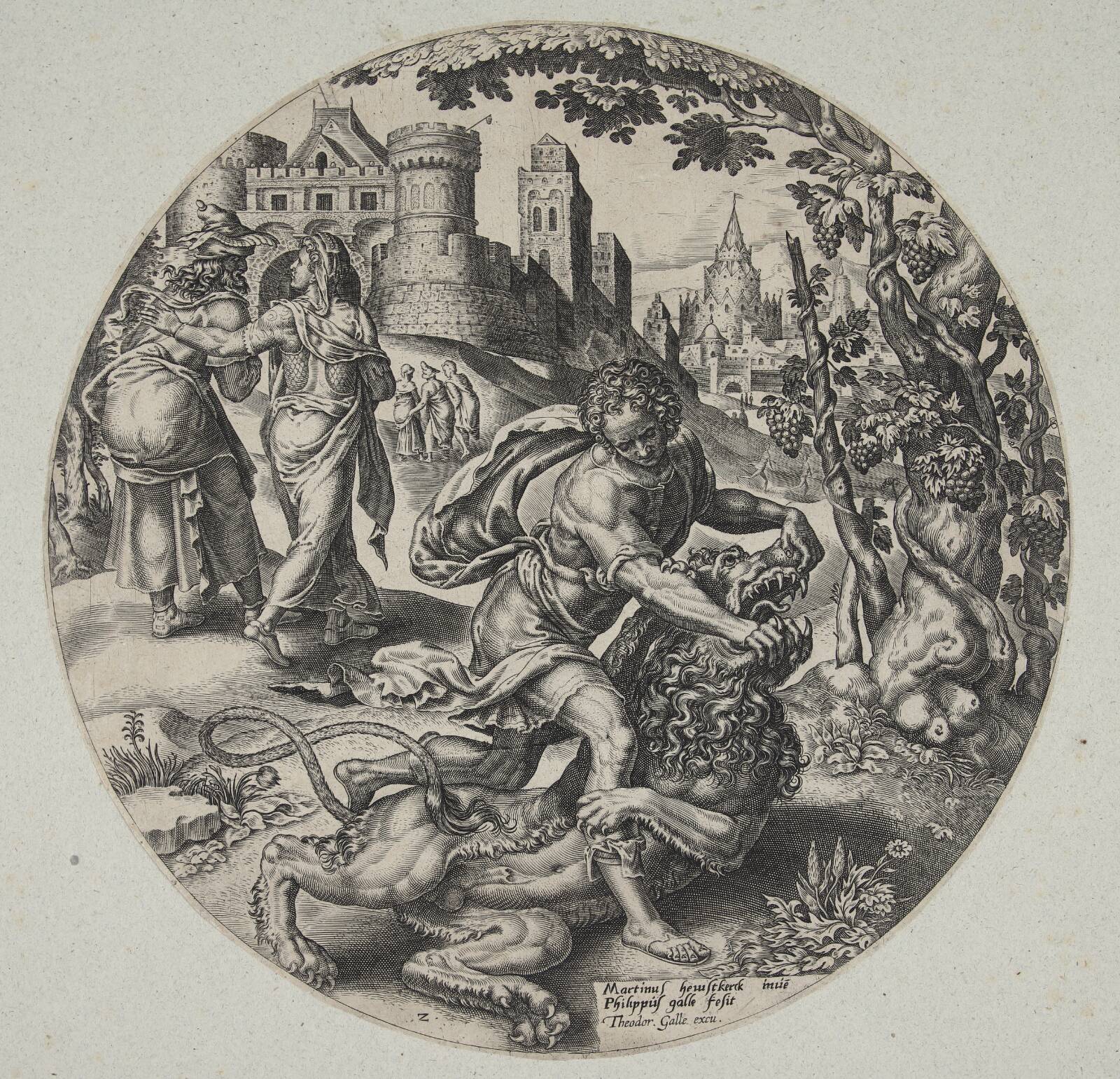 Samson sønderriver løven, Philips Galle, 1558-1561