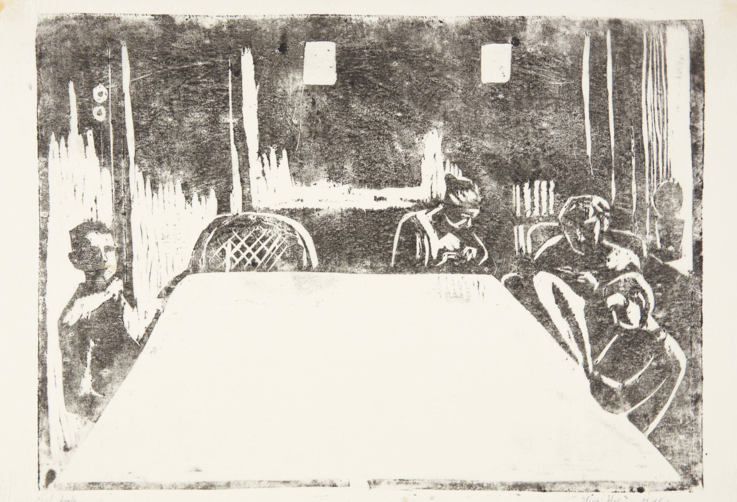 Interiør med fire personer omkring et bord, Olivia Holm-Møller, 1875-1970